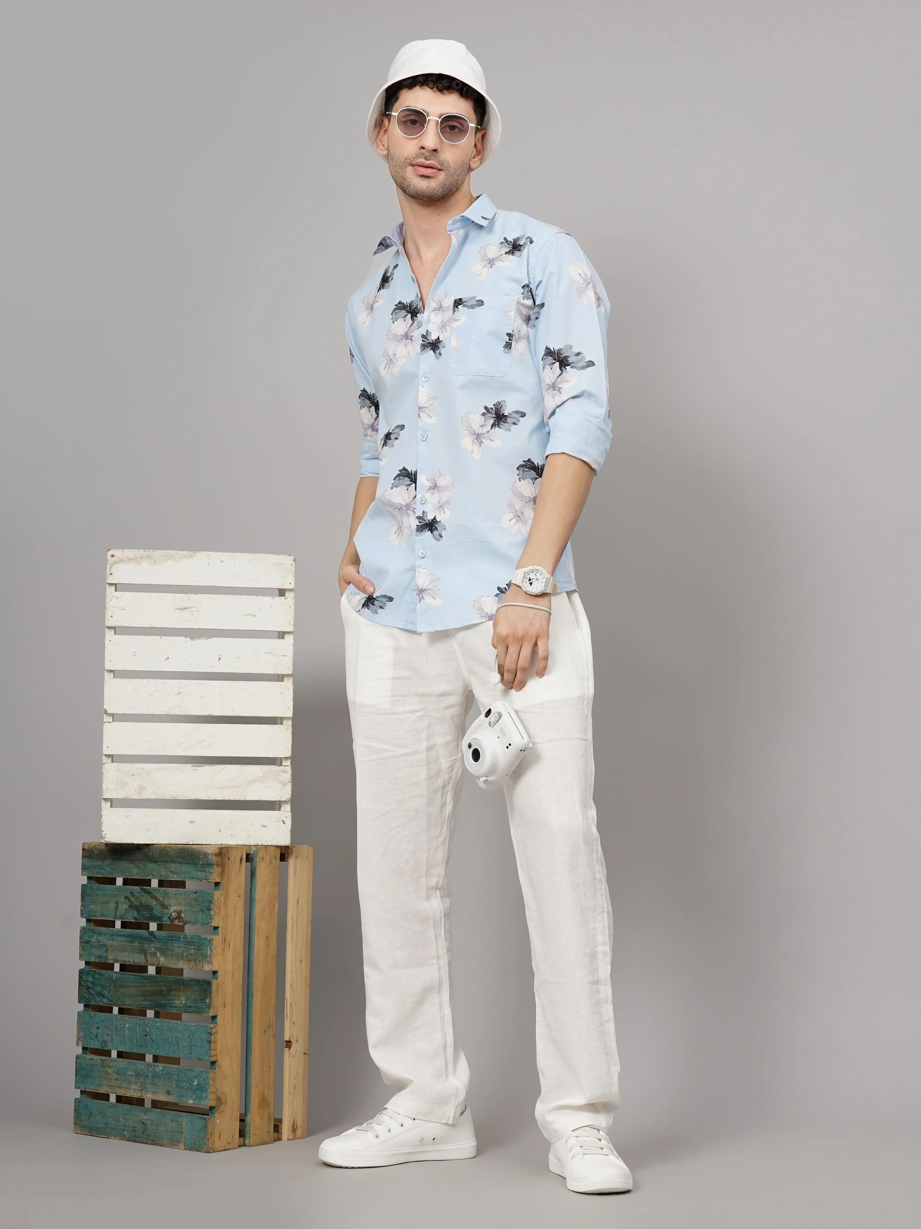 Men Purau Blue Floral Linen Shirt - Image 5