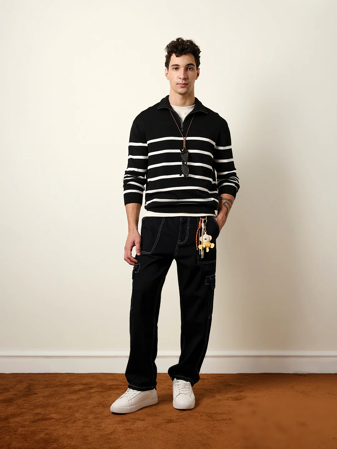 Men Pure Cotton Striped Half Zip Sweatshirt - Image 2