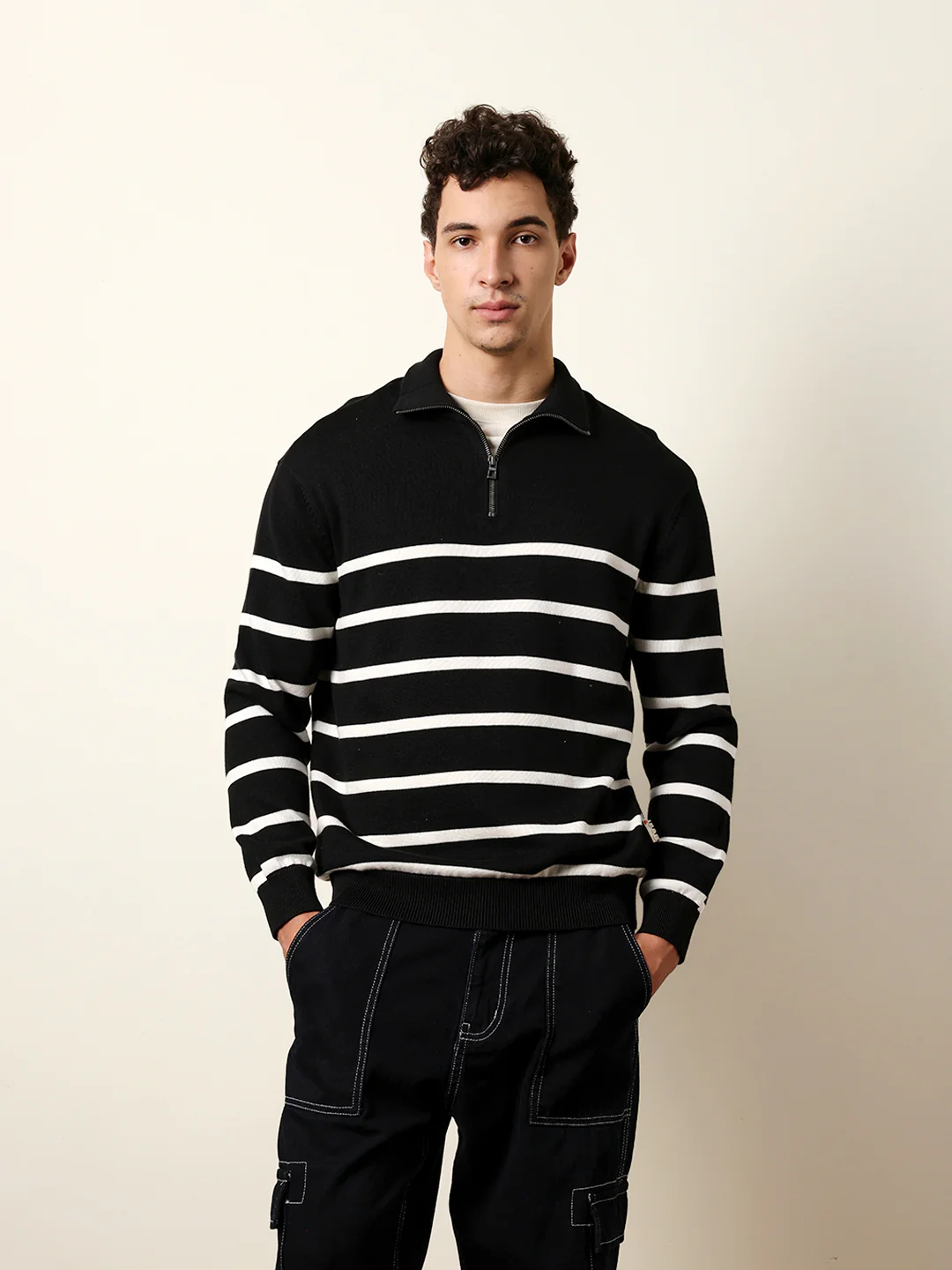 Men Pure Cotton Striped Half Zip Sweatshirt - Image 3