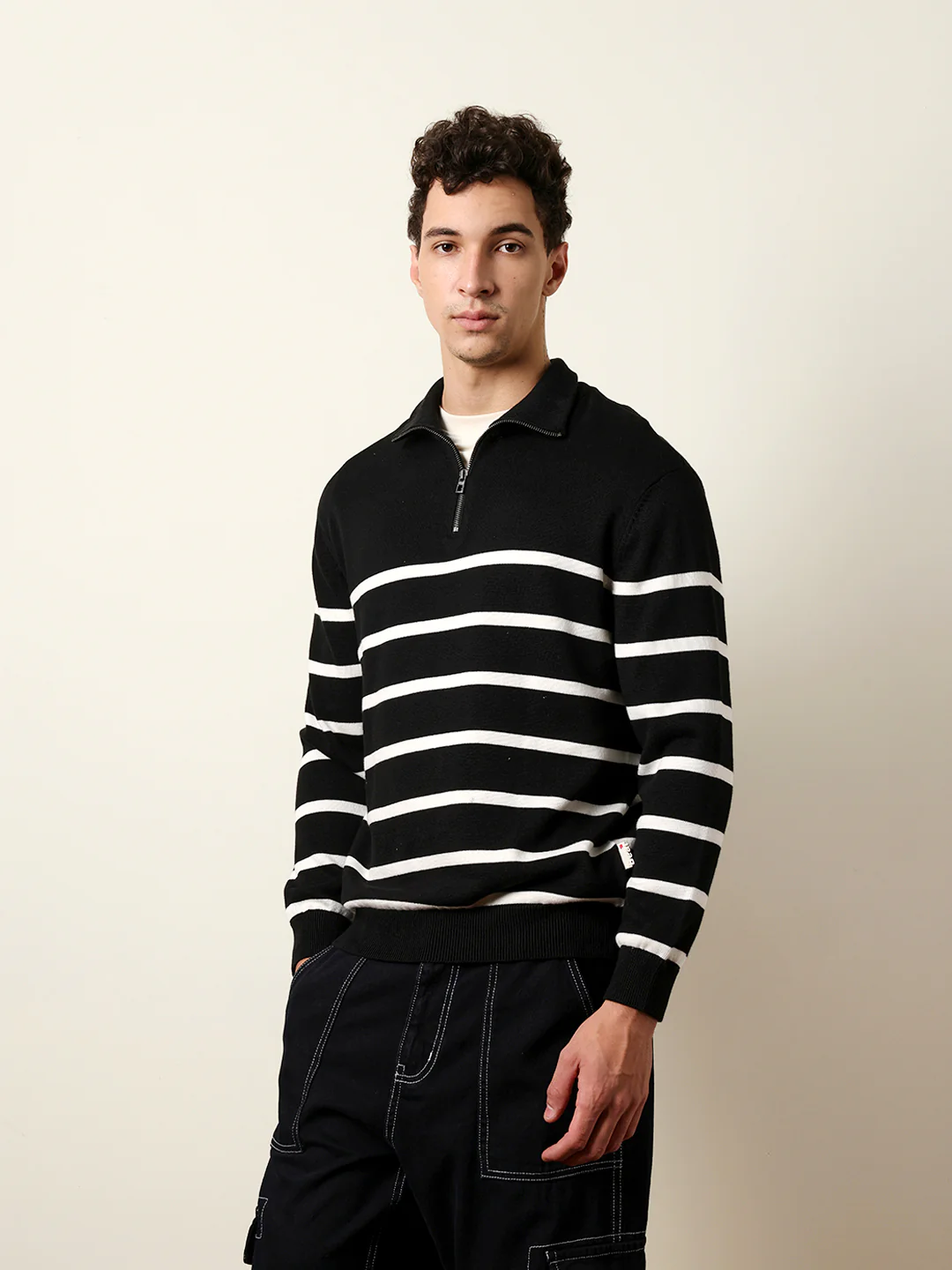 Men Pure Cotton Striped Half Zip Sweatshirt - Image 4