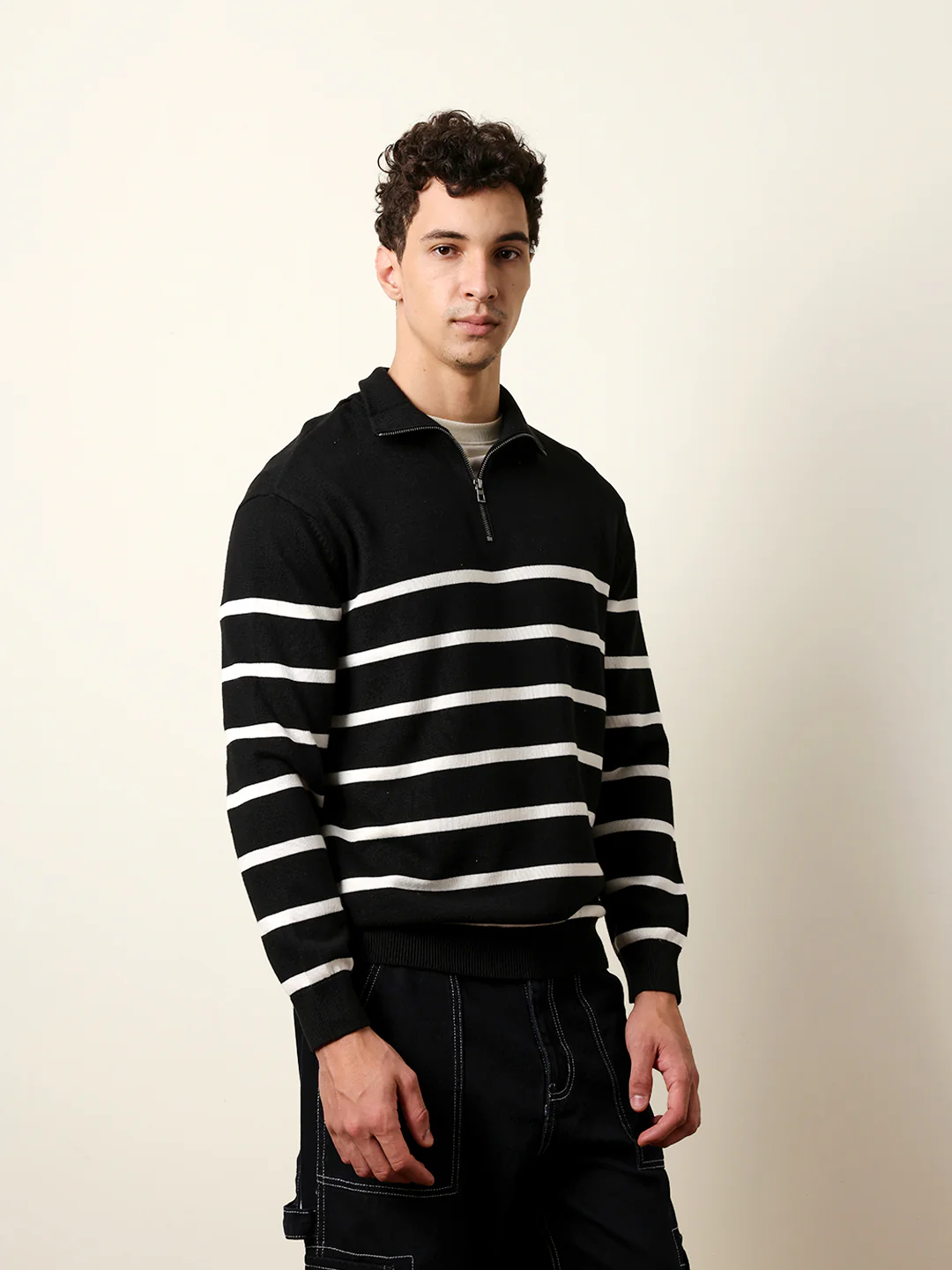 Men Pure Cotton Striped Half Zip Sweatshirt - Image 5