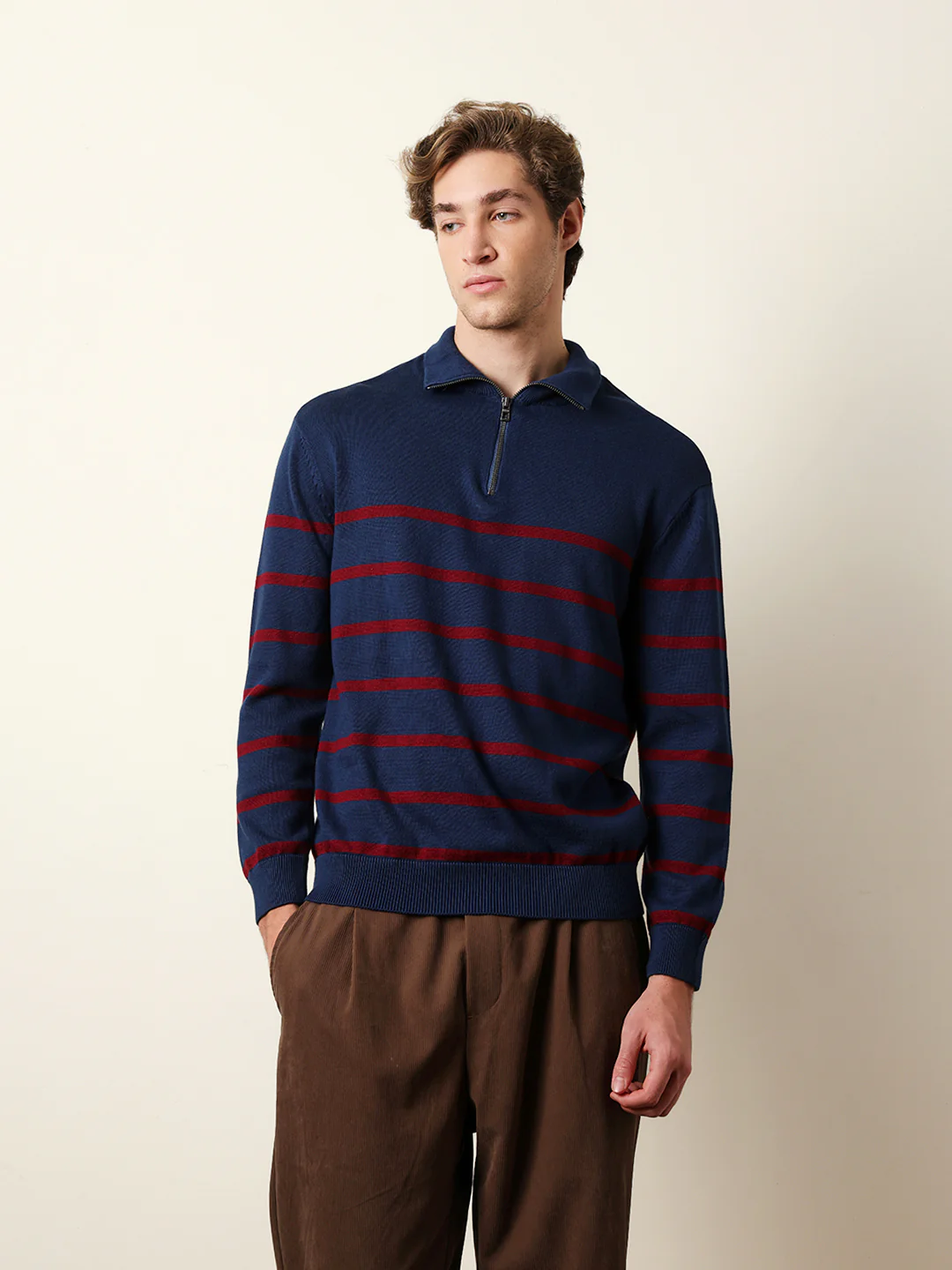 Men Pure Cotton Striped Half Zip Sweatshirt - Image 3
