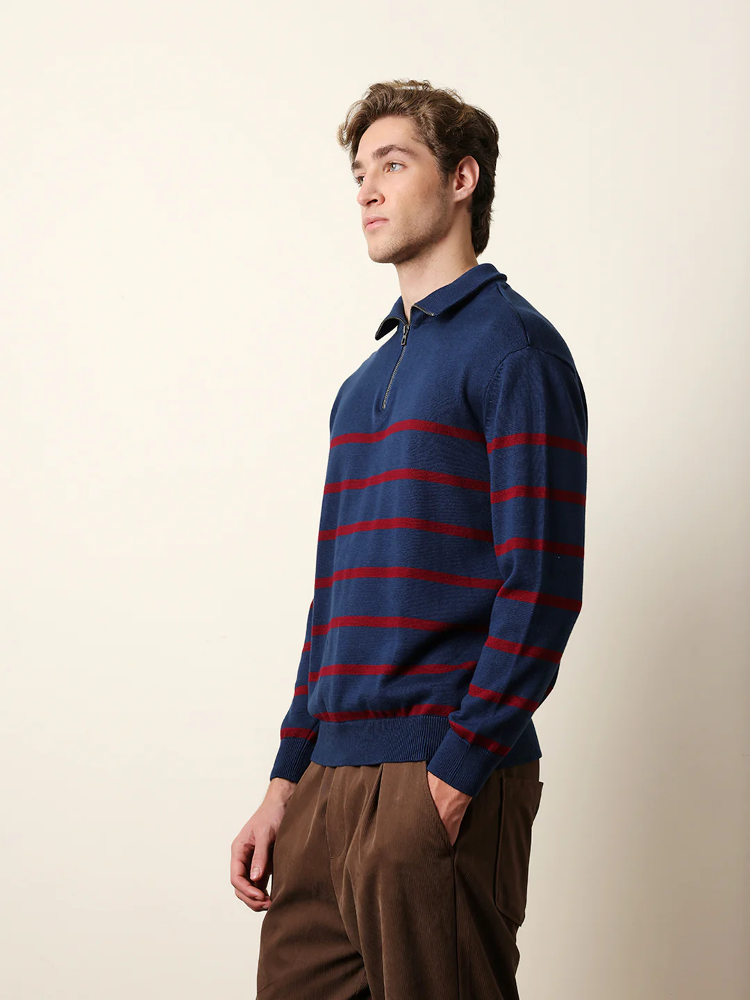 Men Pure Cotton Striped Half Zip Sweatshirt - Image 4