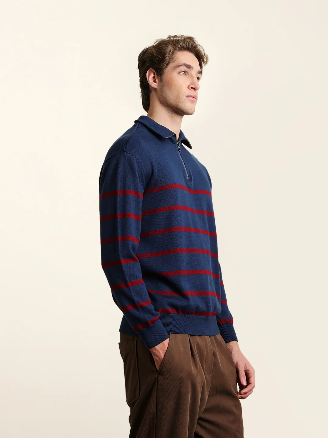 Men Pure Cotton Striped Half Zip Sweatshirt - Image 5