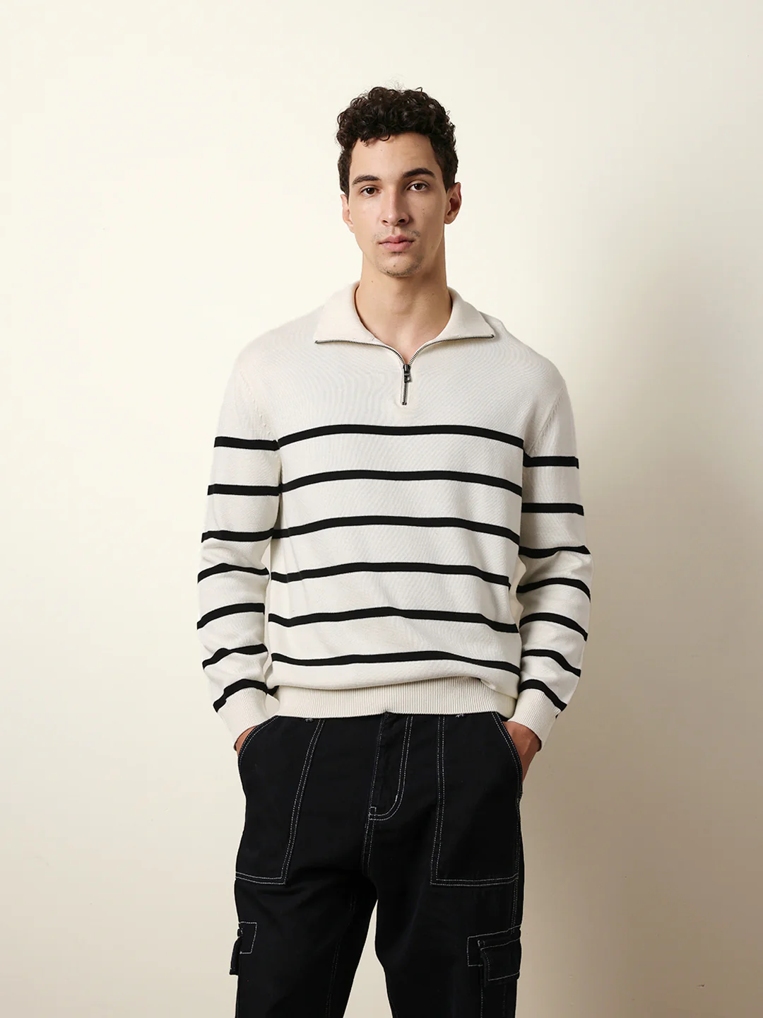 Men Pure Cotton Striped Half Zip Sweatshirt - Image 3