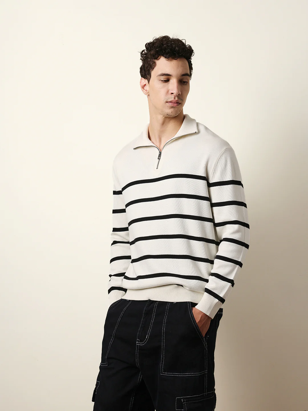 Men Pure Cotton Striped Half Zip Sweatshirt - Image 4