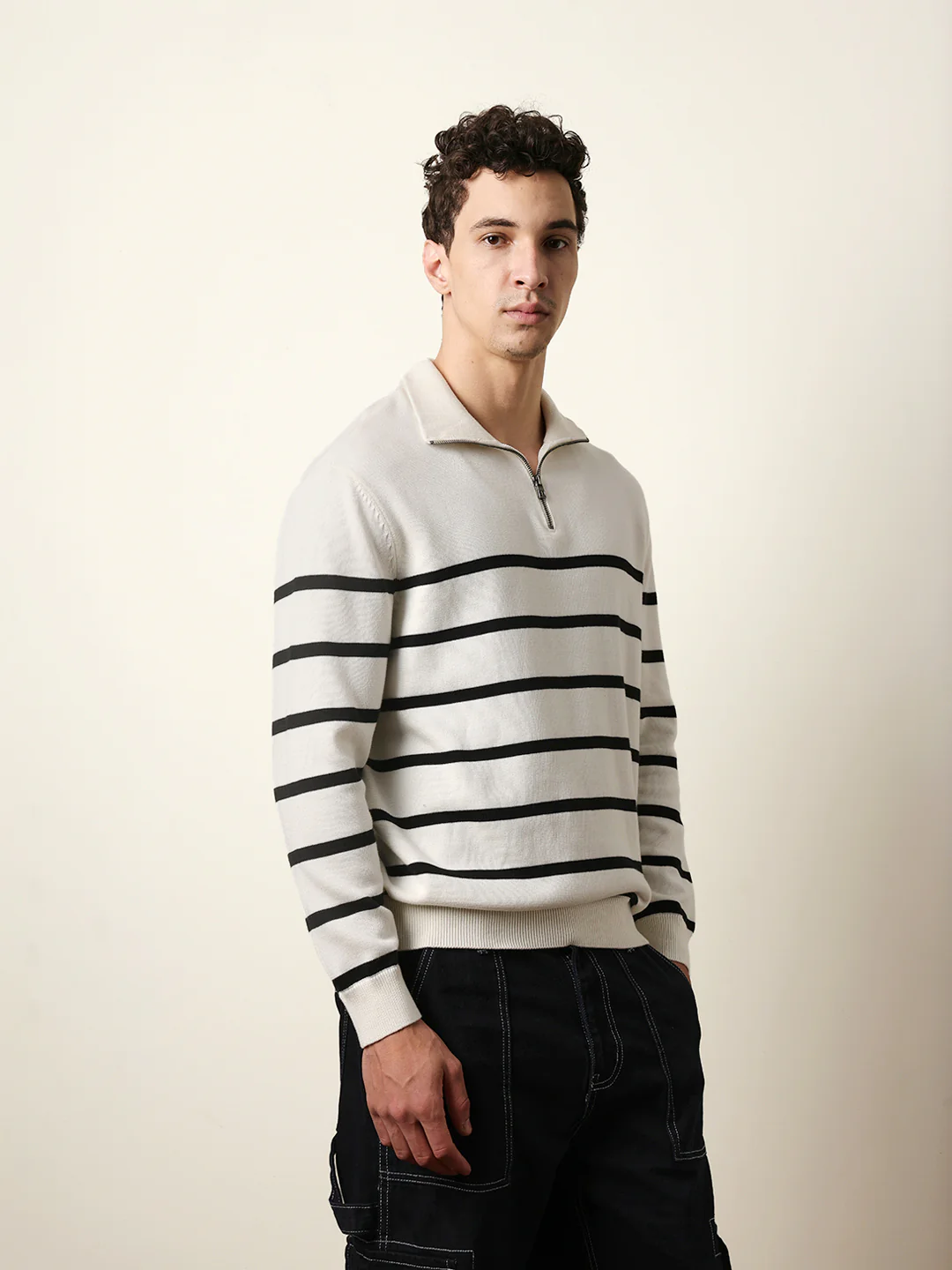 Men Pure Cotton Striped Half Zip Sweatshirt - Image 5