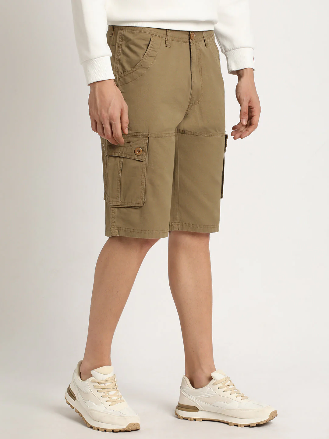 Men PURINO - Beige Solid Regular Fit Cotton Cargo Shorts - Image 3