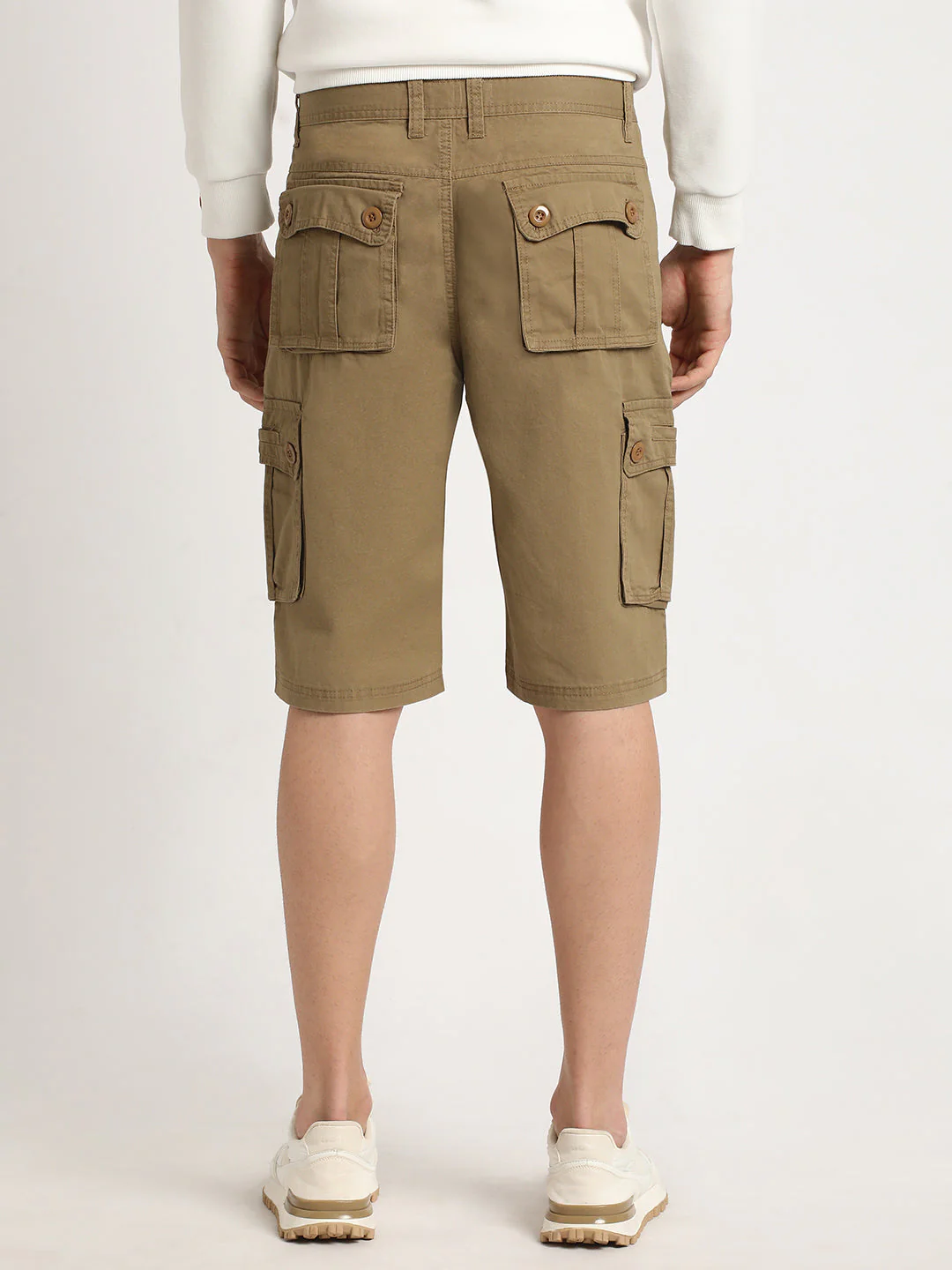 Men PURINO - Beige Solid Regular Fit Cotton Cargo Shorts - Image 4