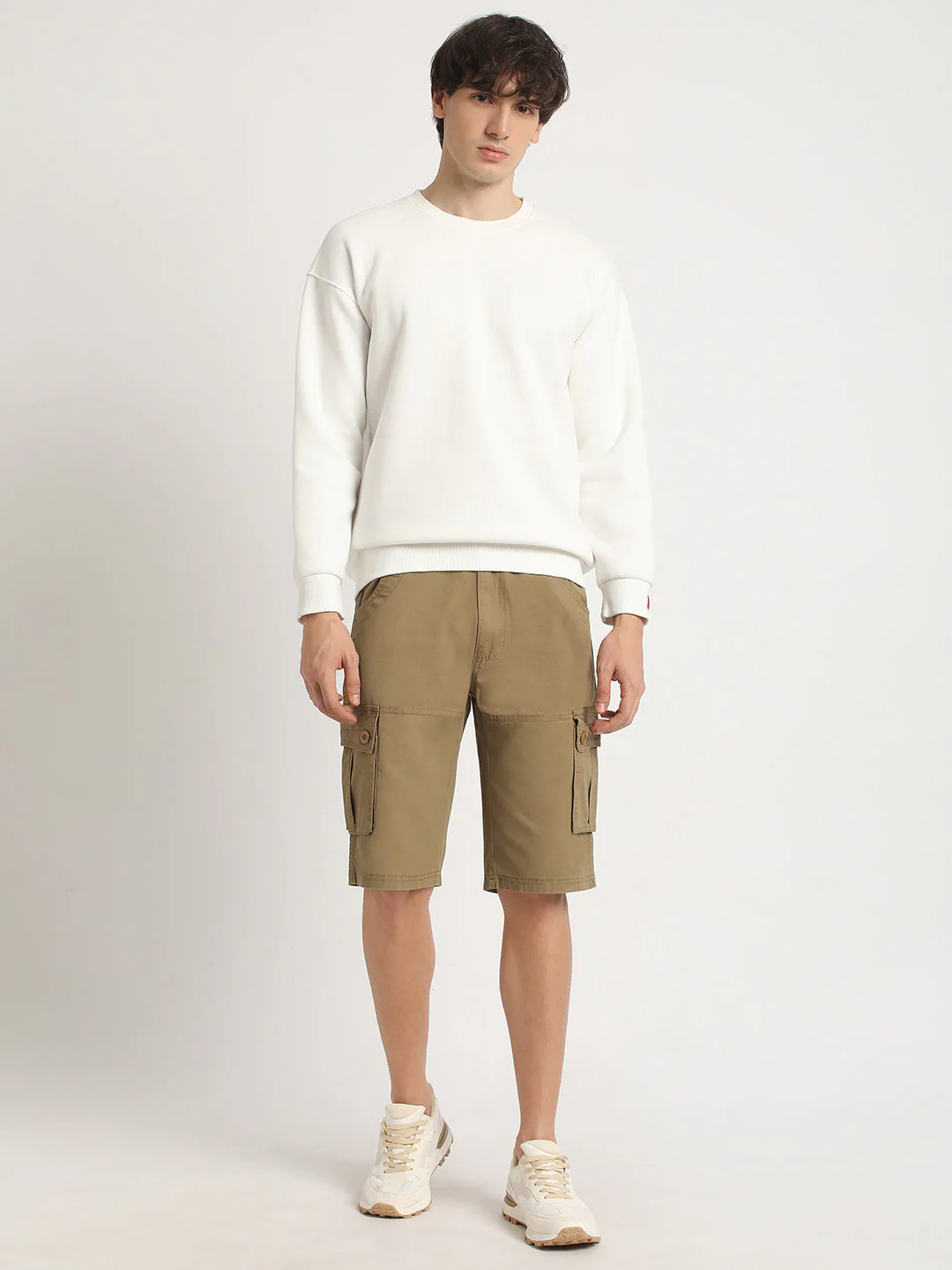 Men PURINO - Beige Solid Regular Fit Cotton Cargo Shorts - Image 5