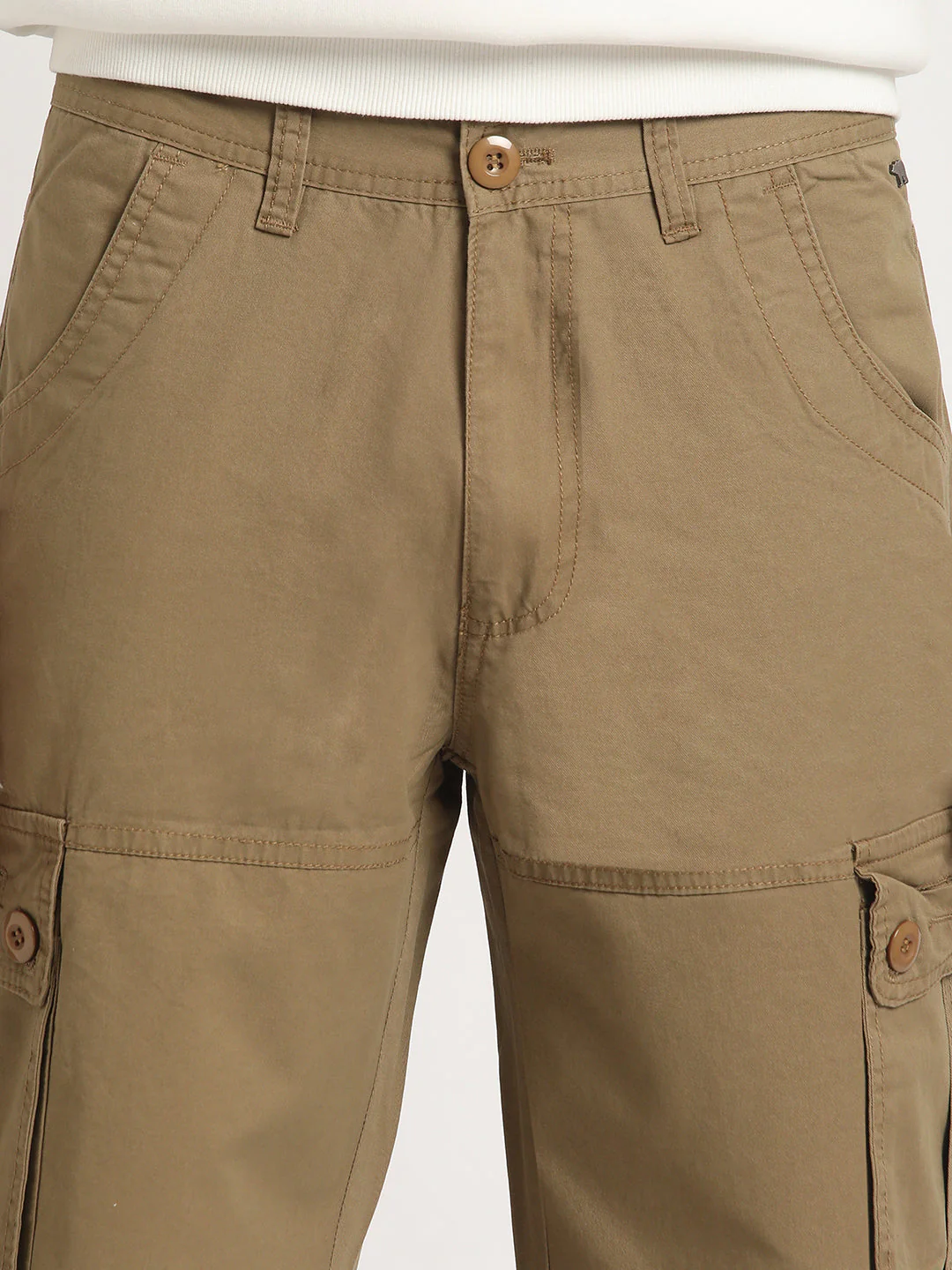 Men PURINO - Beige Solid Regular Fit Cotton Cargo Shorts - Image 6