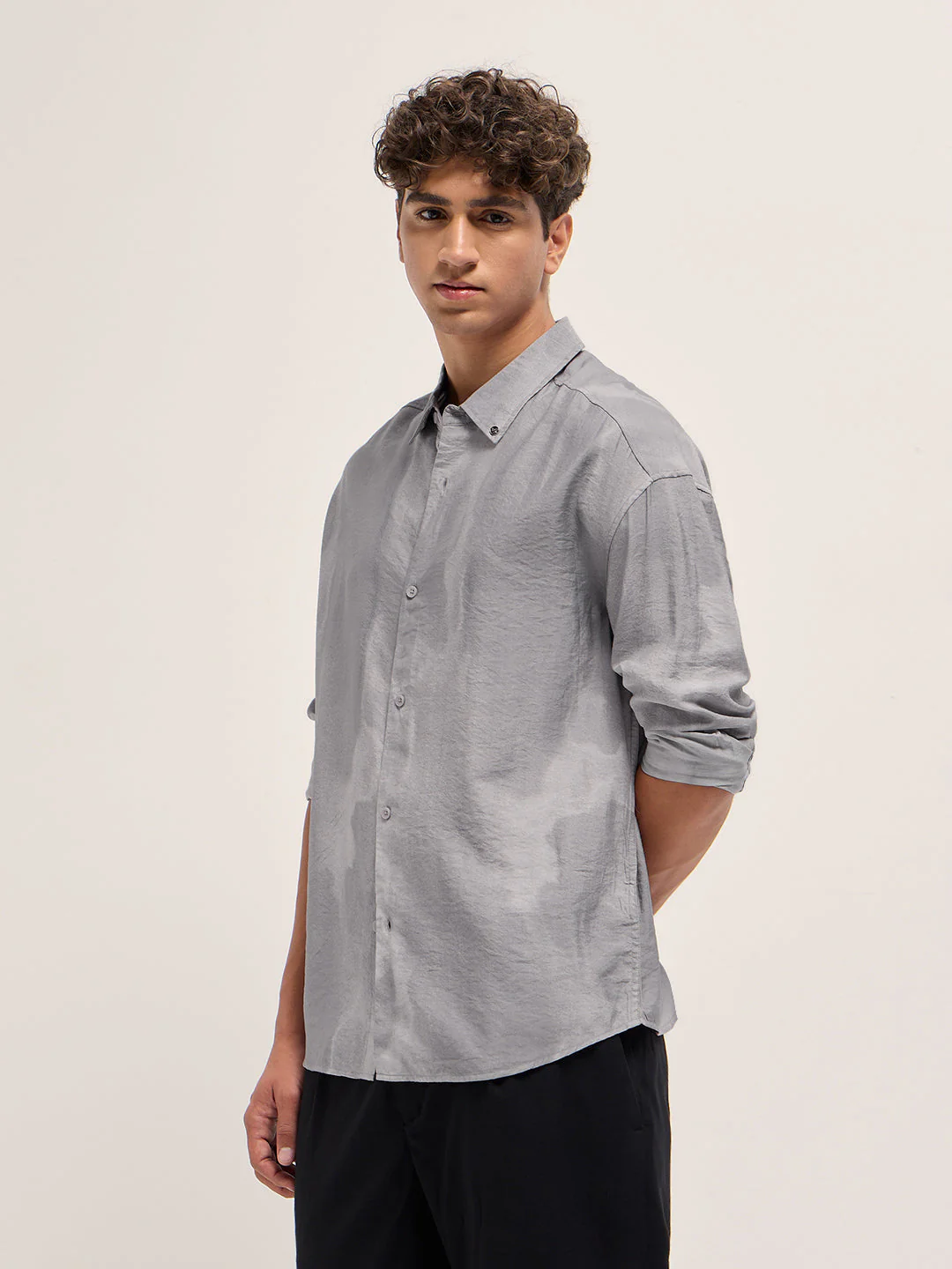 Men Purple Abstract Print Crinkled Textured Relaxed Fit Casual Shirt - Image 3