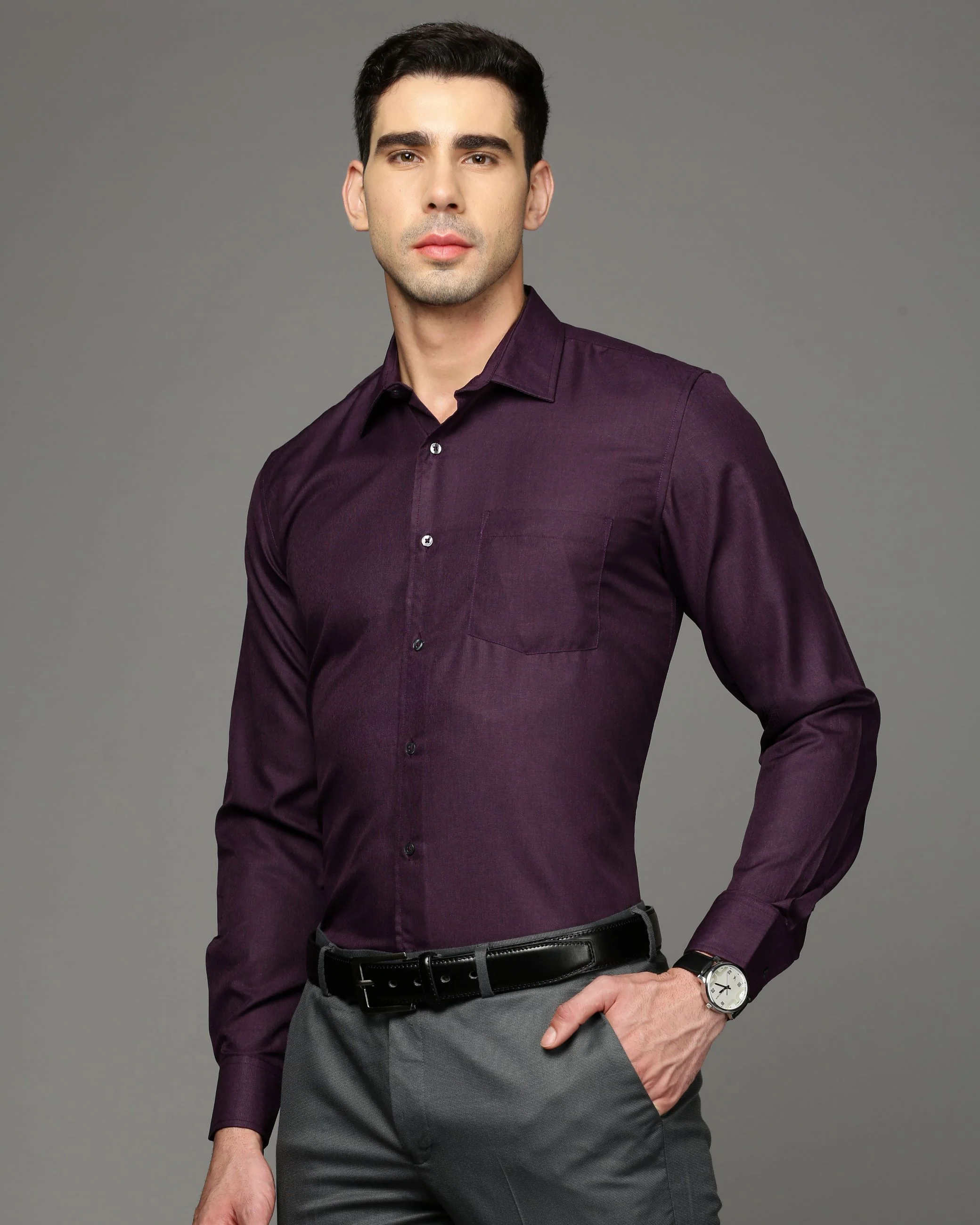 Men Purple Cotton Blend Slim Shirt - Image 3