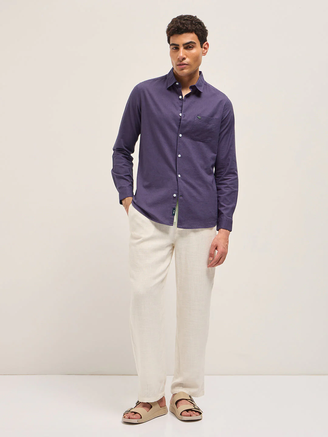 Men Purple Cotton Linen Slim Fit Solid Casual Shirt - Image 5