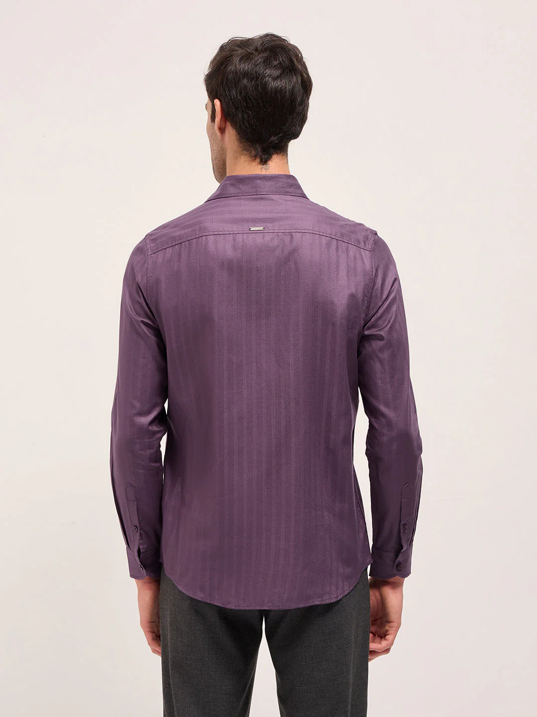 Men Purple Cotton Woven Stripes Design Tailored Fit Formal Shirt - Image 2