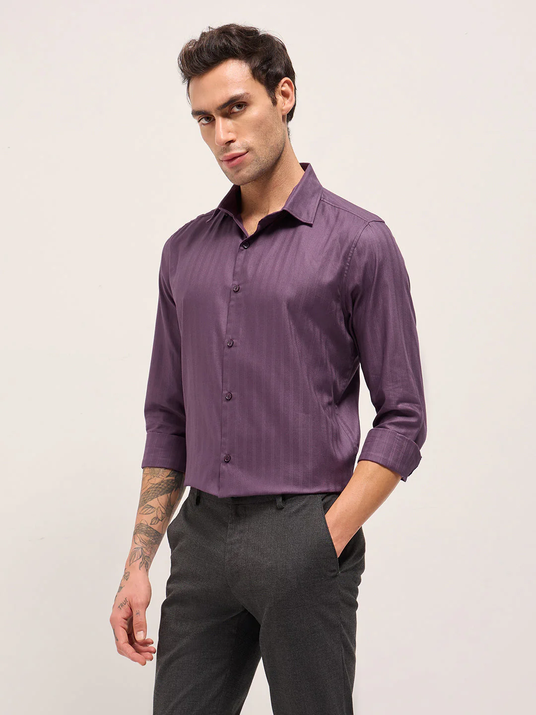 Men Purple Cotton Woven Stripes Design Tailored Fit Formal Shirt - Image 3