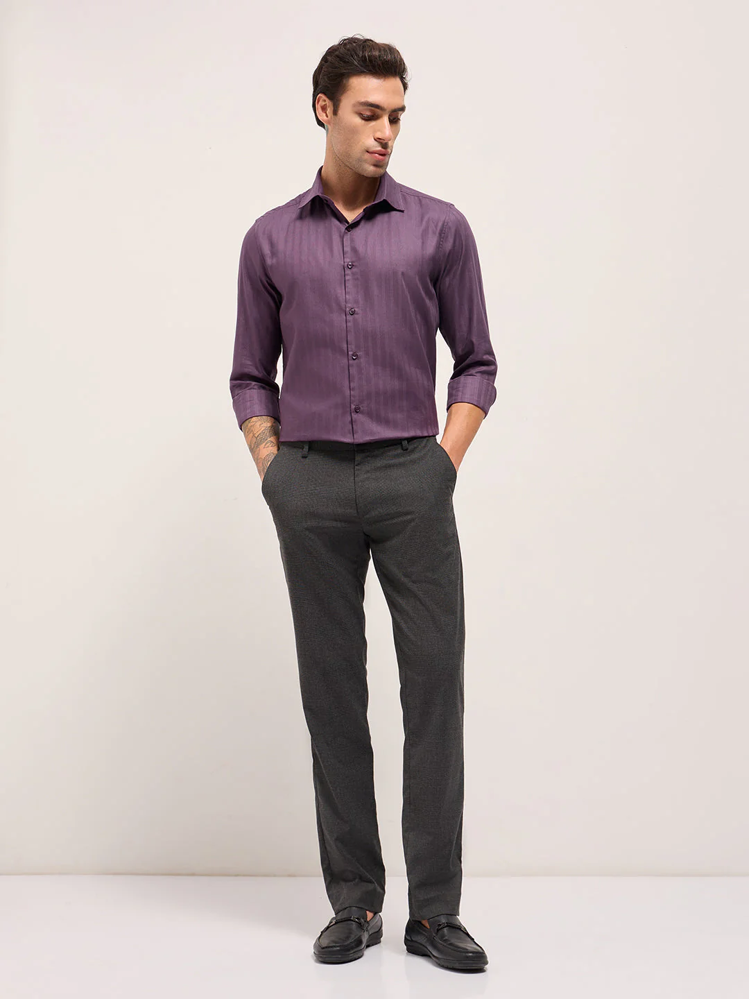 Men Purple Cotton Woven Stripes Design Tailored Fit Formal Shirt - Image 4