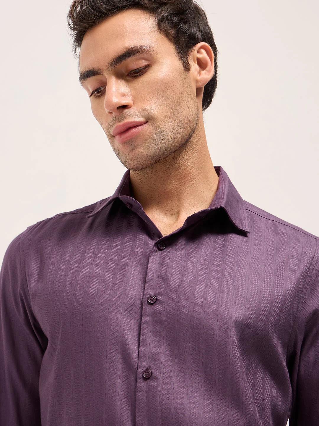 Men Purple Cotton Woven Stripes Design Tailored Fit Formal Shirt - Image 5