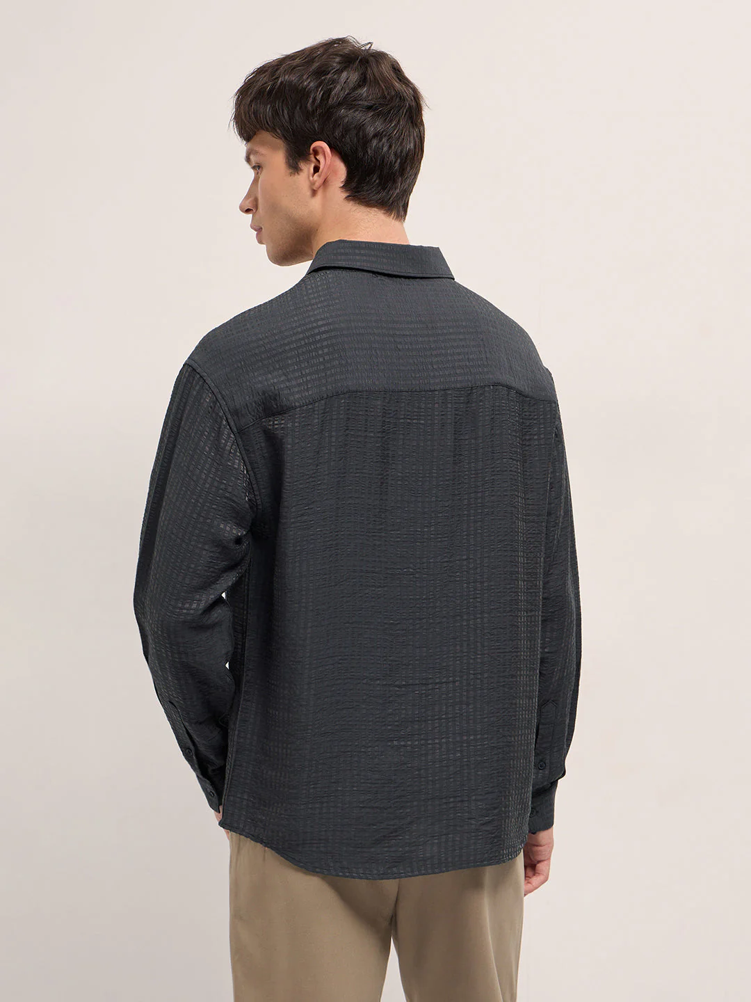 Men Purple Crinkled Stripe Textured Relaxed Fit Long Sleeve Shirt - Image 2