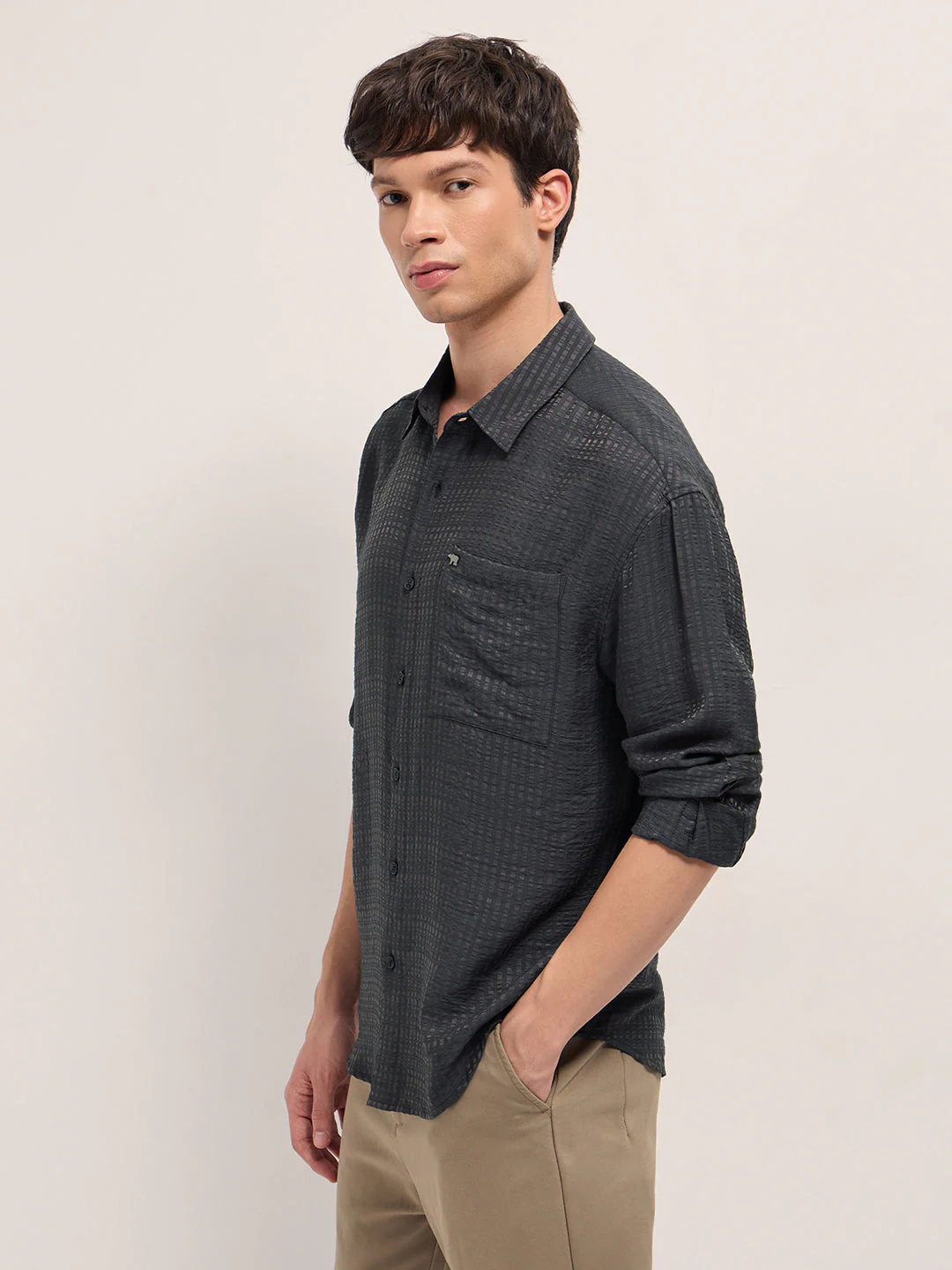 Men Purple Crinkled Stripe Textured Relaxed Fit Long Sleeve Shirt - Image 3