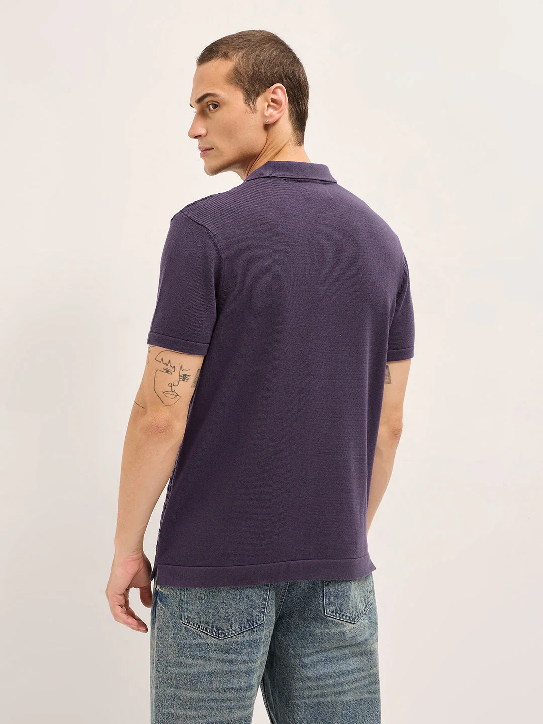 Men Purple Diamond Textured Flat Knit Slim Fit Polo - Image 2
