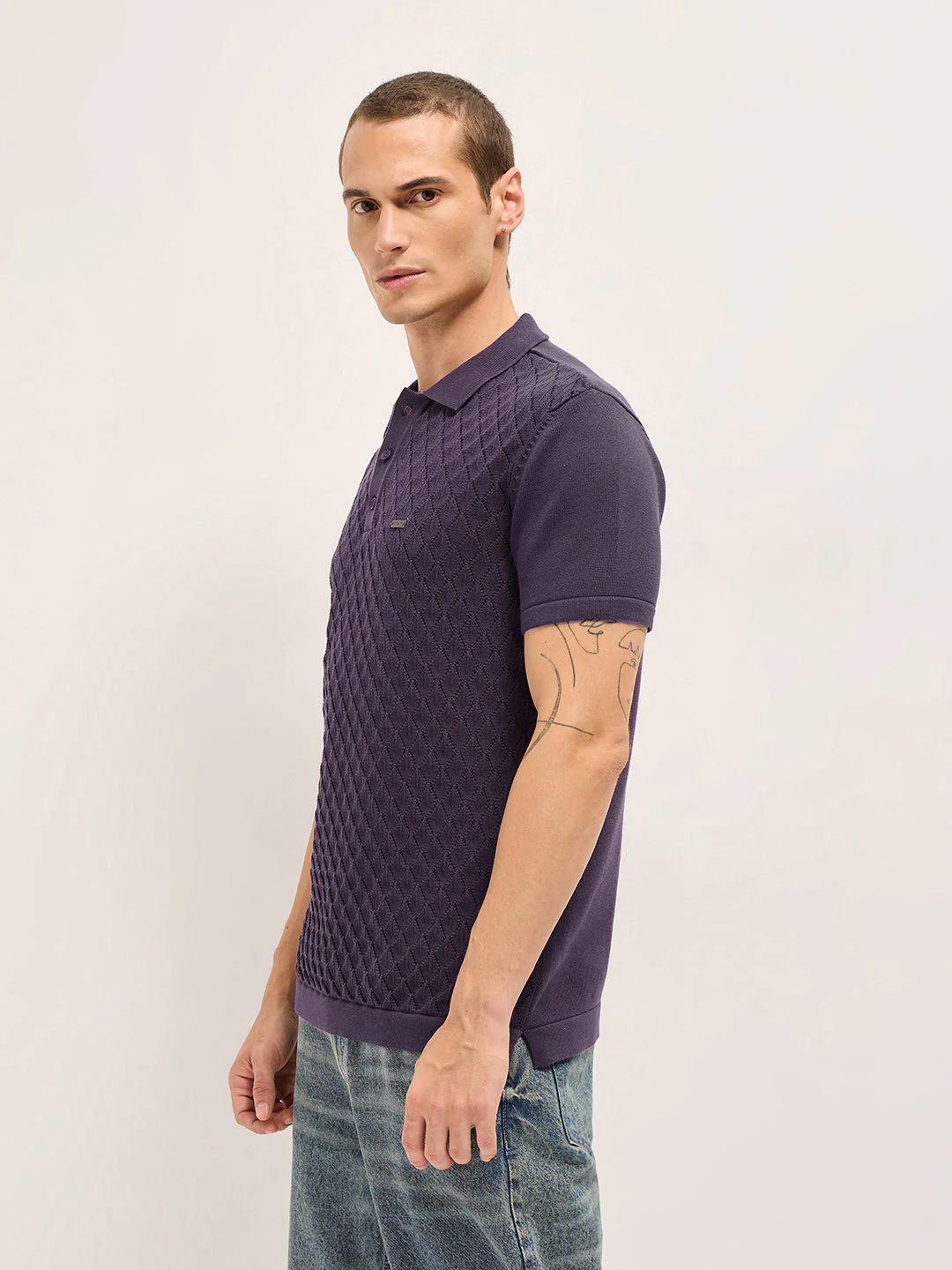 Men Purple Diamond Textured Flat Knit Slim Fit Polo - Image 3