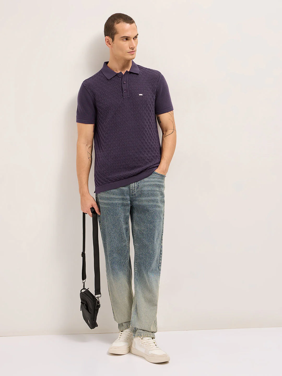 Men Purple Diamond Textured Flat Knit Slim Fit Polo - Image 4