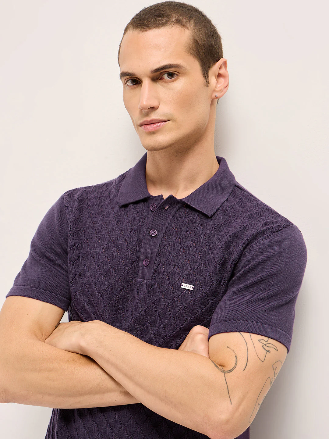 Men Purple Diamond Textured Flat Knit Slim Fit Polo - Image 5