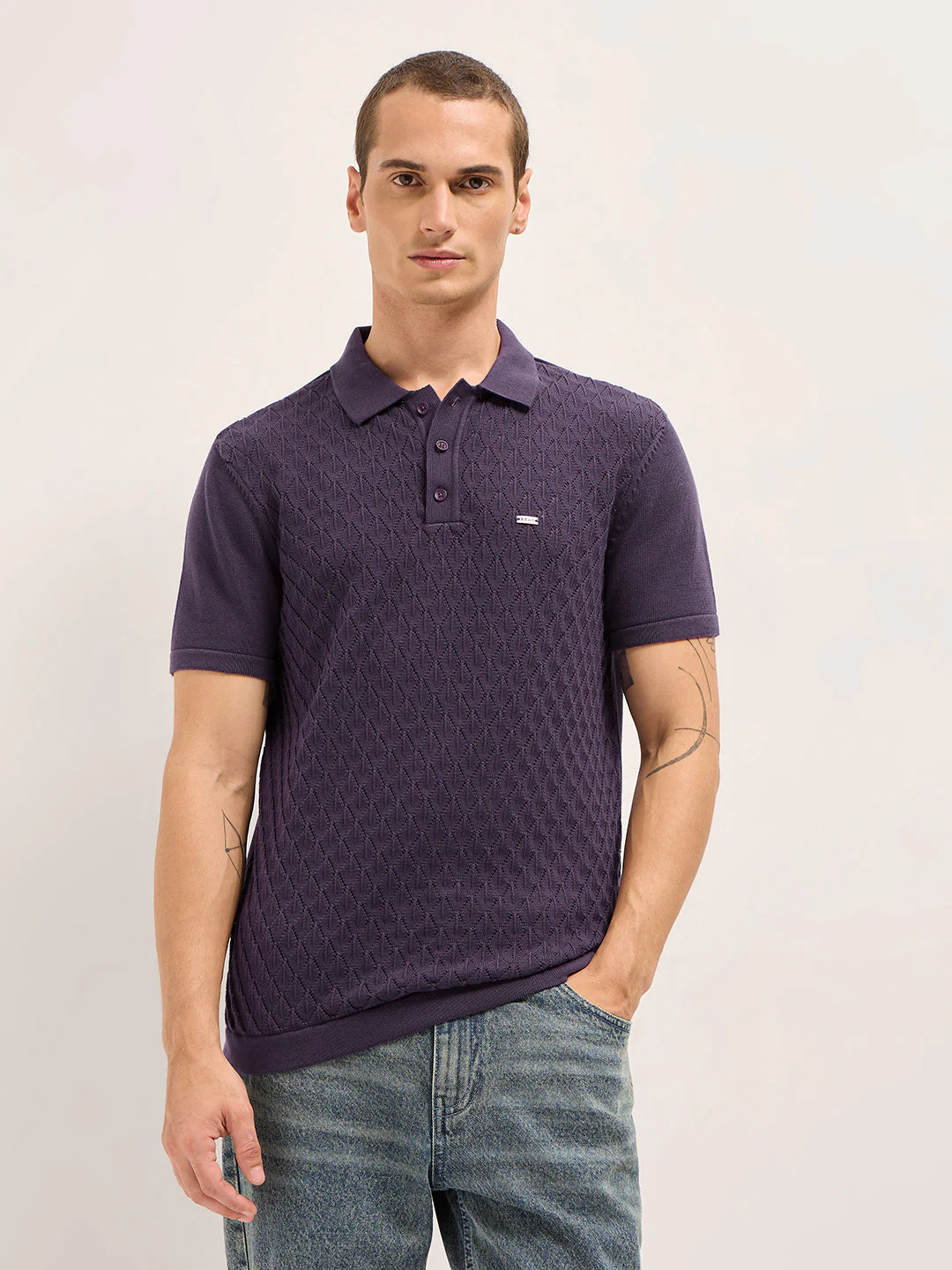 Men Purple Diamond Textured Flat Knit Slim Fit Polo - Image 6