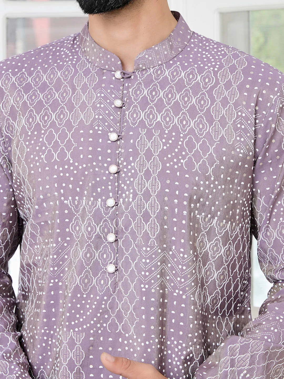 Men Purple Embossed and Foil Kurta - Image 2