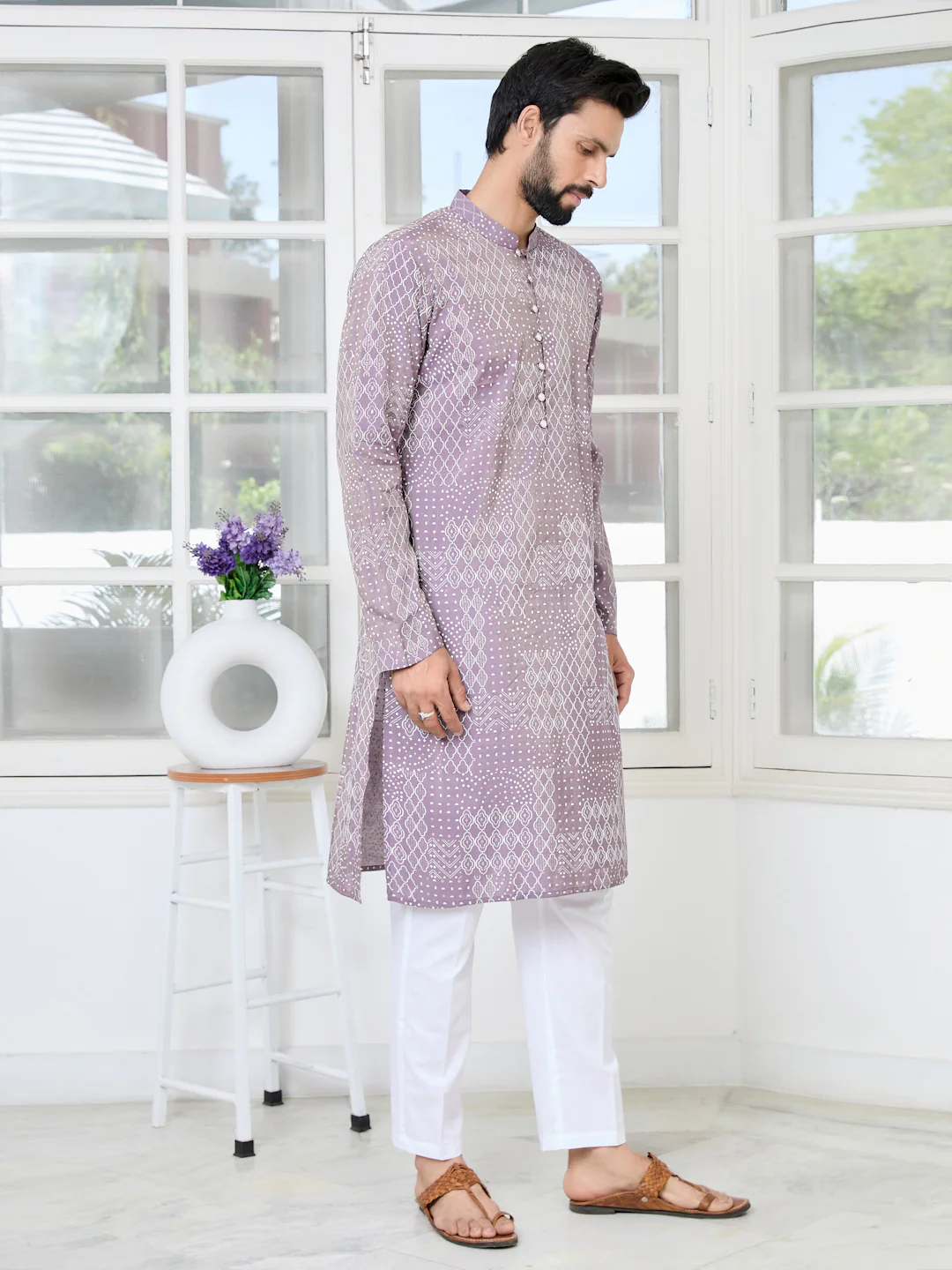 Men Purple Embossed and Foil Kurta - Image 3