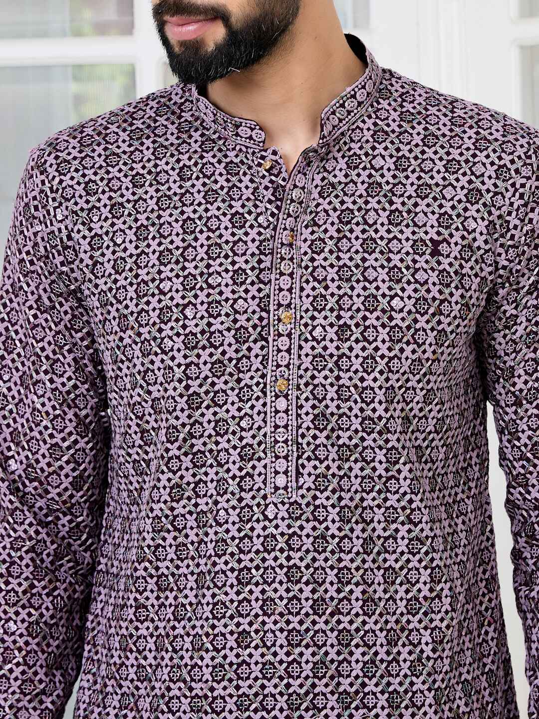 Men Purple Embroidered Kurta - Image 2