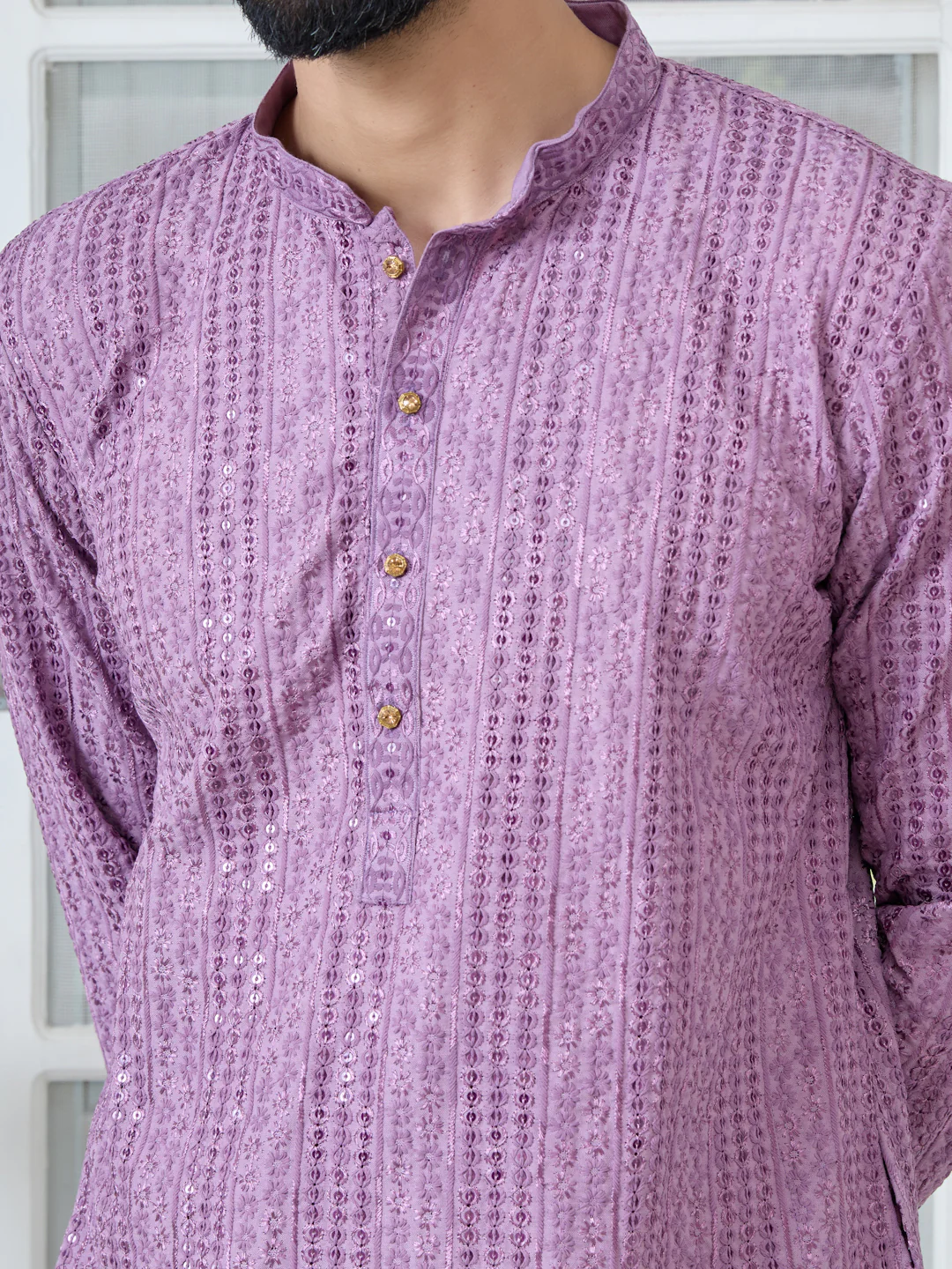 Men Purple Embroidered Rayon Kurta - Image 2