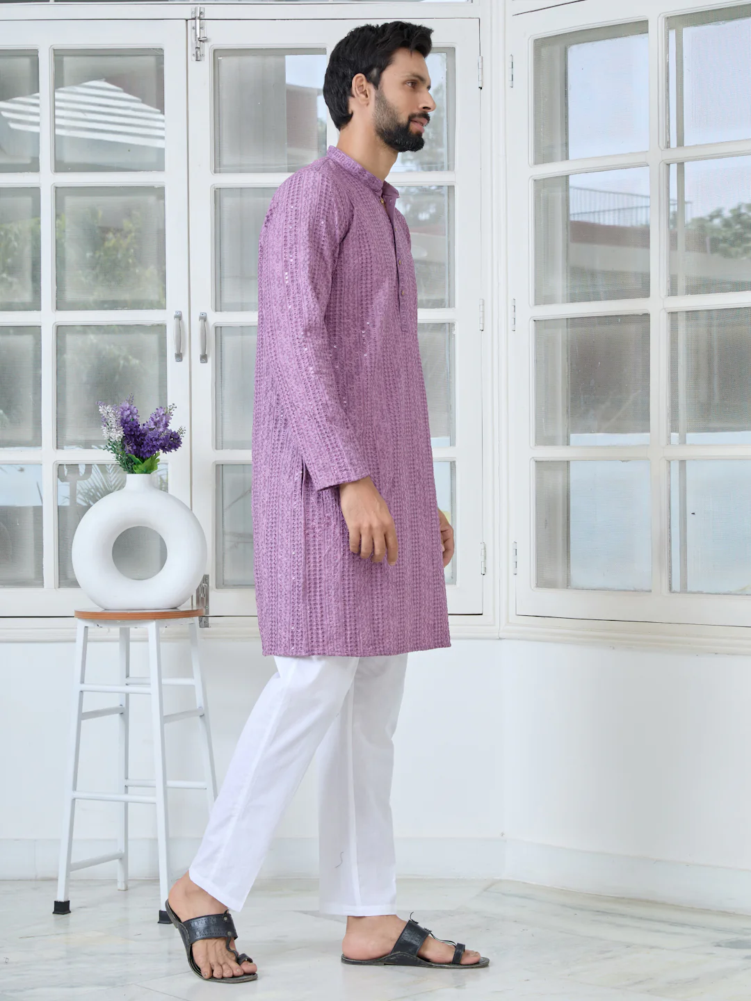 Men Purple Embroidered Rayon Kurta - Image 3