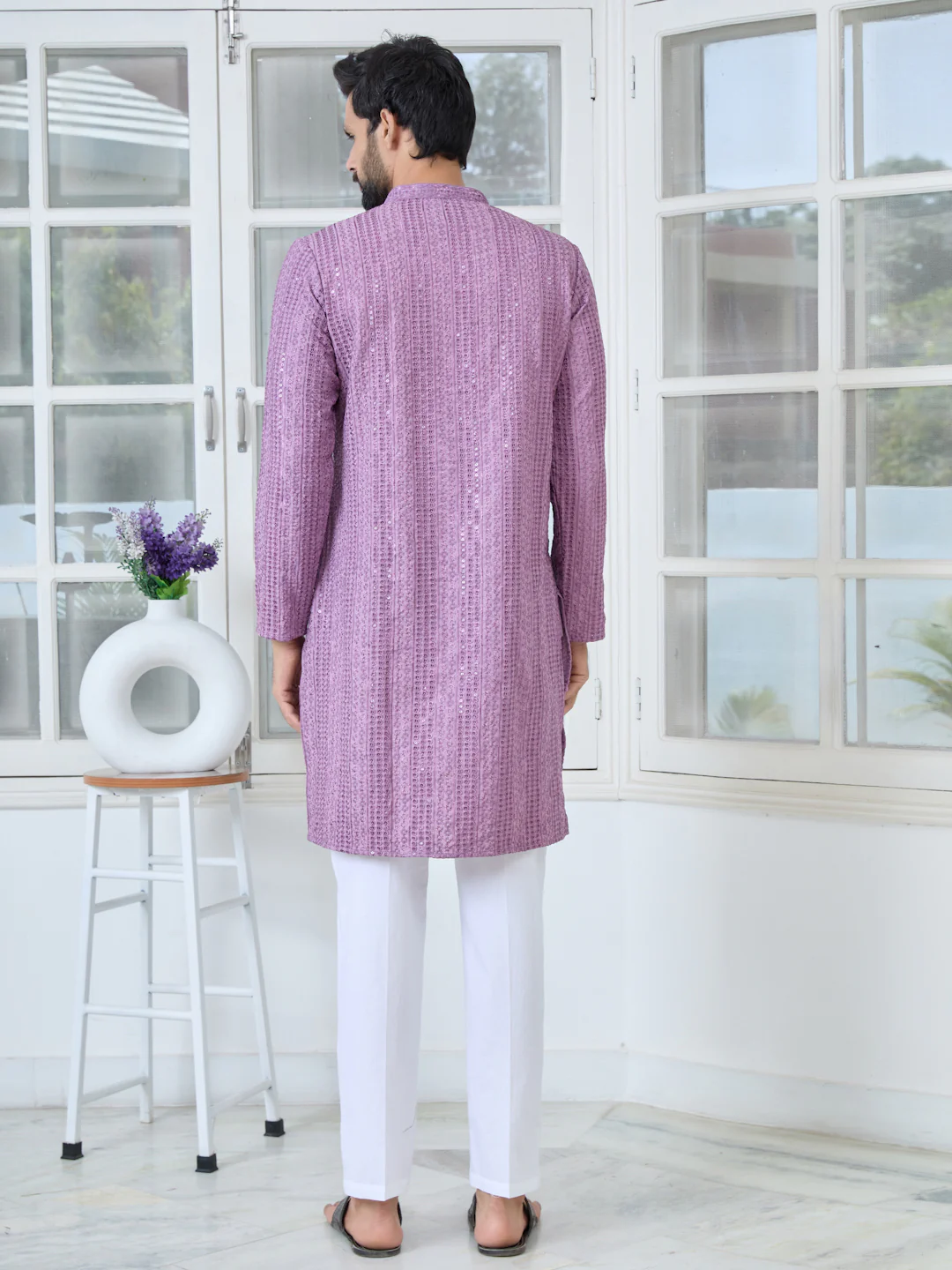 Men Purple Embroidered Rayon Kurta - Image 4