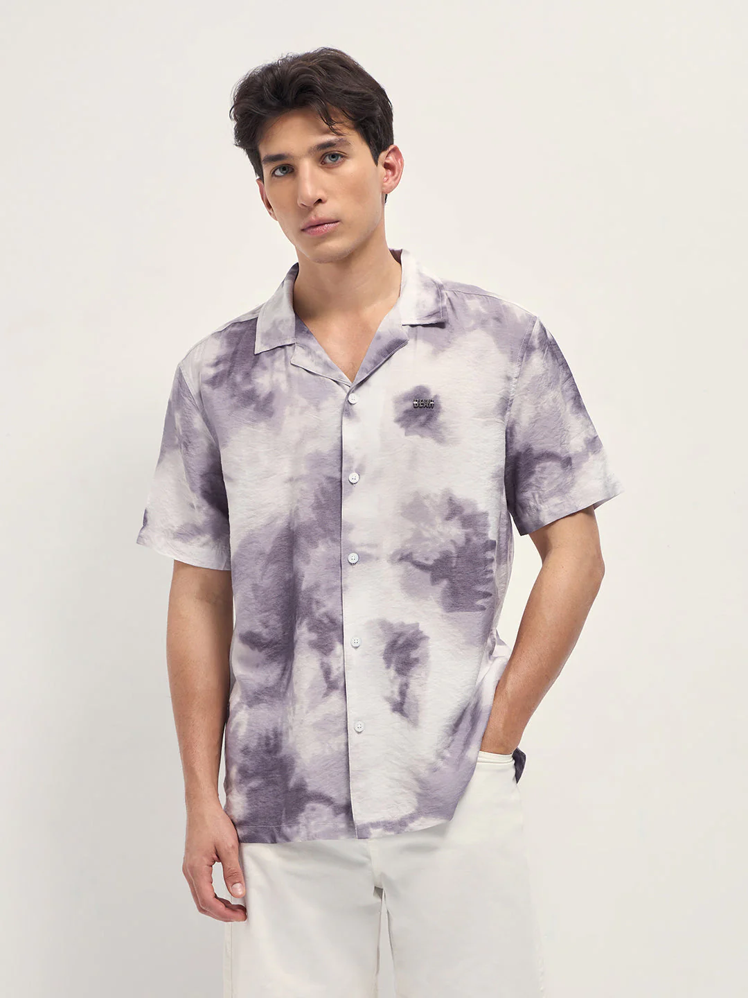 Men Purple Faded Abstract Print Relaxed Fit Cuban Collar Shirt - Image 6