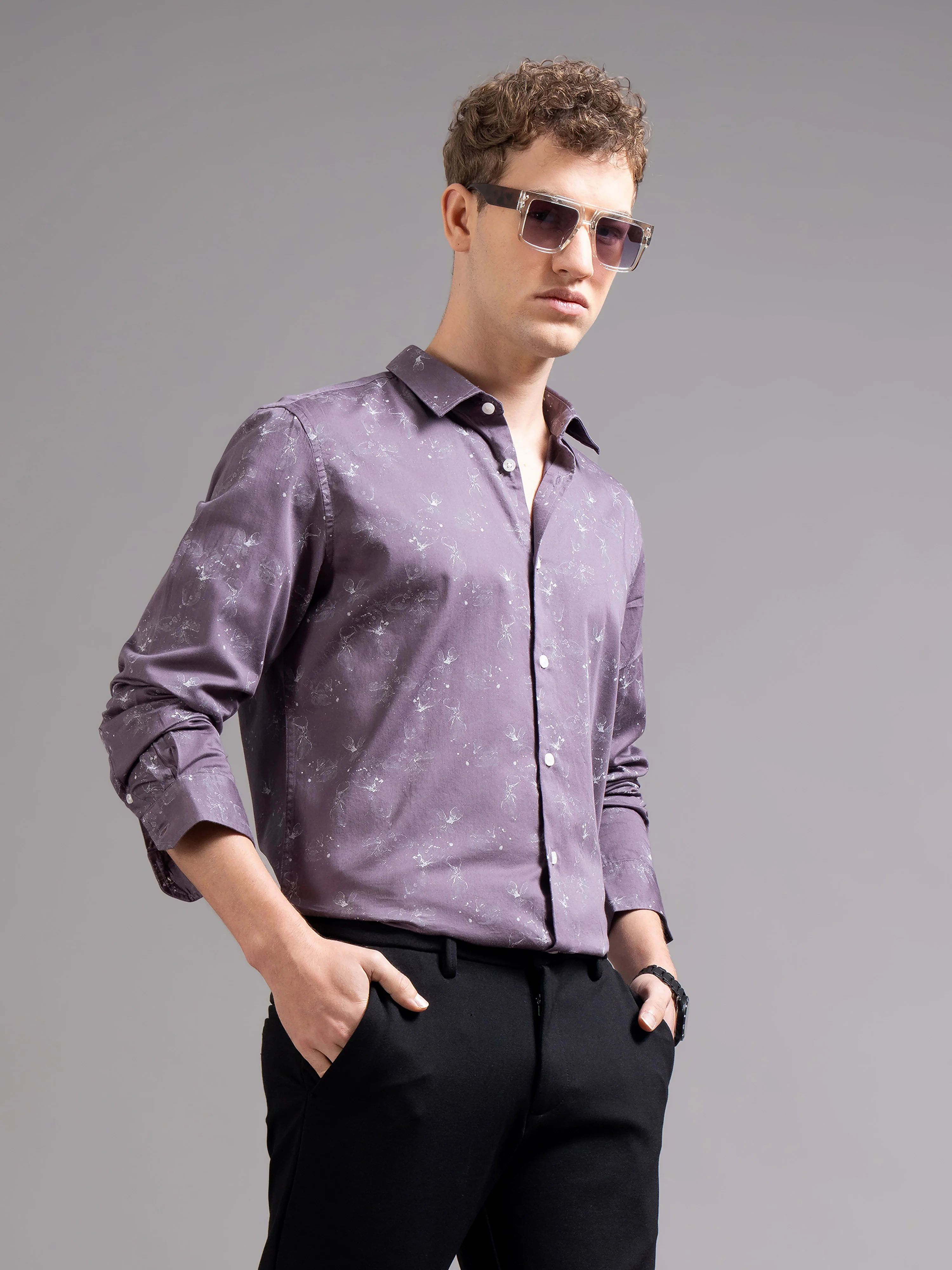 Men Purple Floral Print Shirt - Image 2
