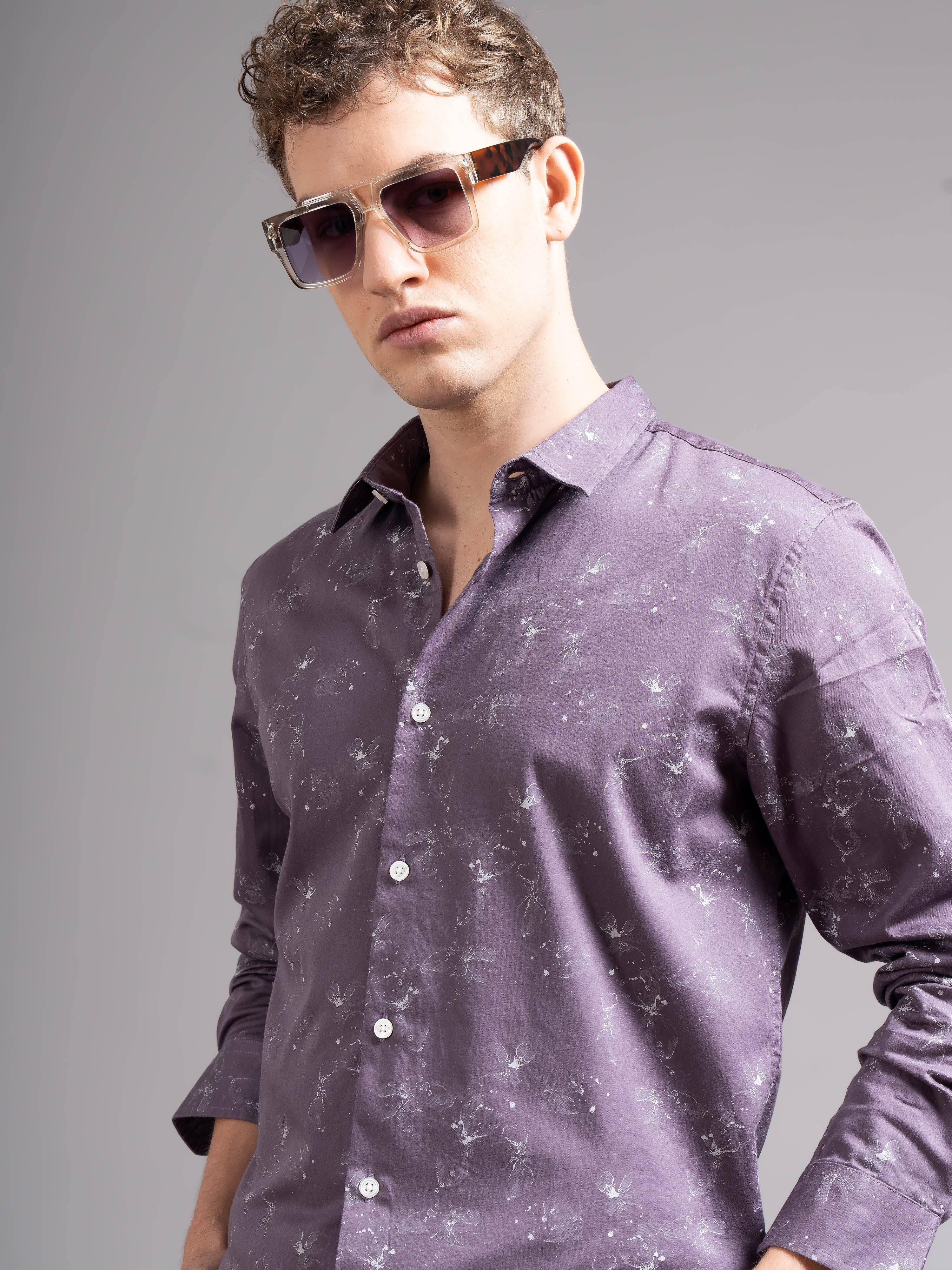 Men Purple Floral Print Shirt - Image 4