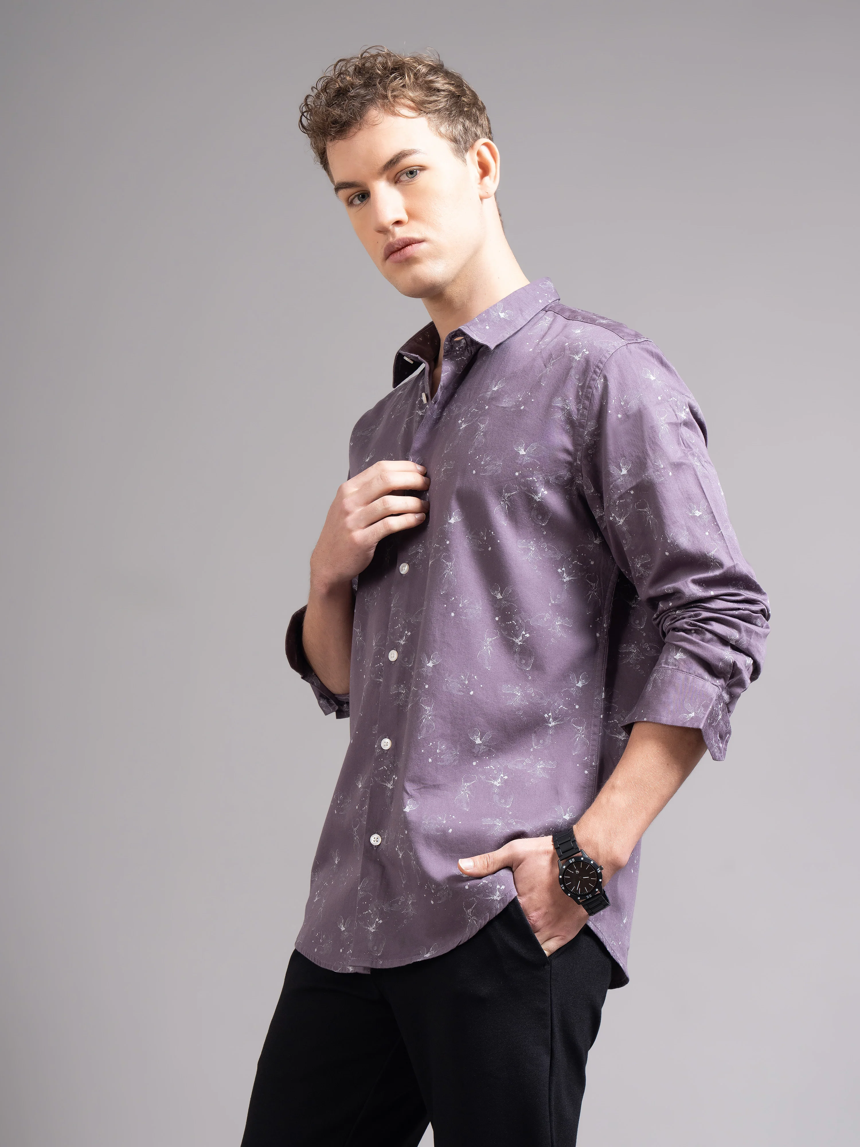 Men Purple Floral Print Shirt - Image 7