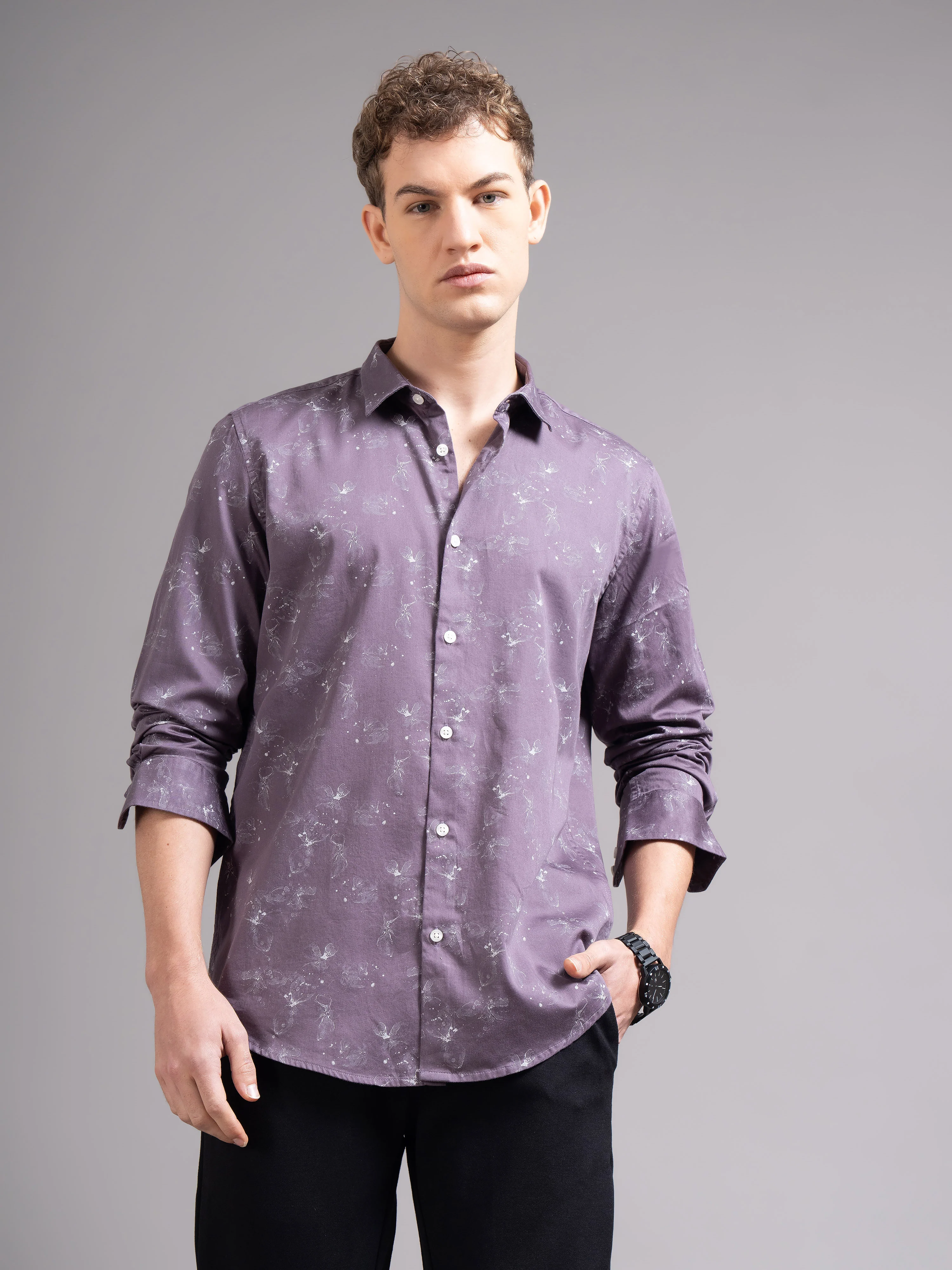Men Purple Floral Print Shirt - Image 8