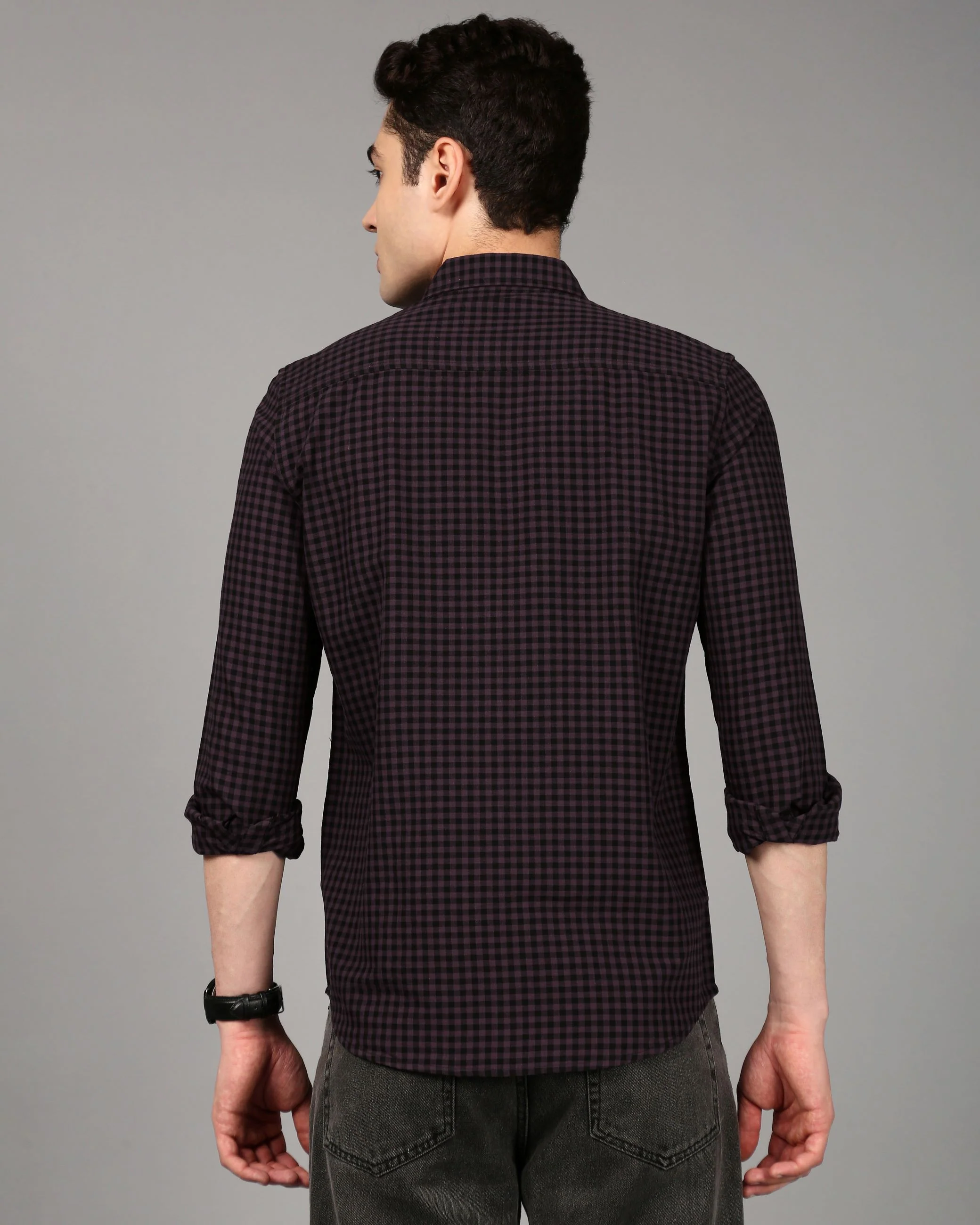 Men Purple Gingham Checked Shirt - Image 2