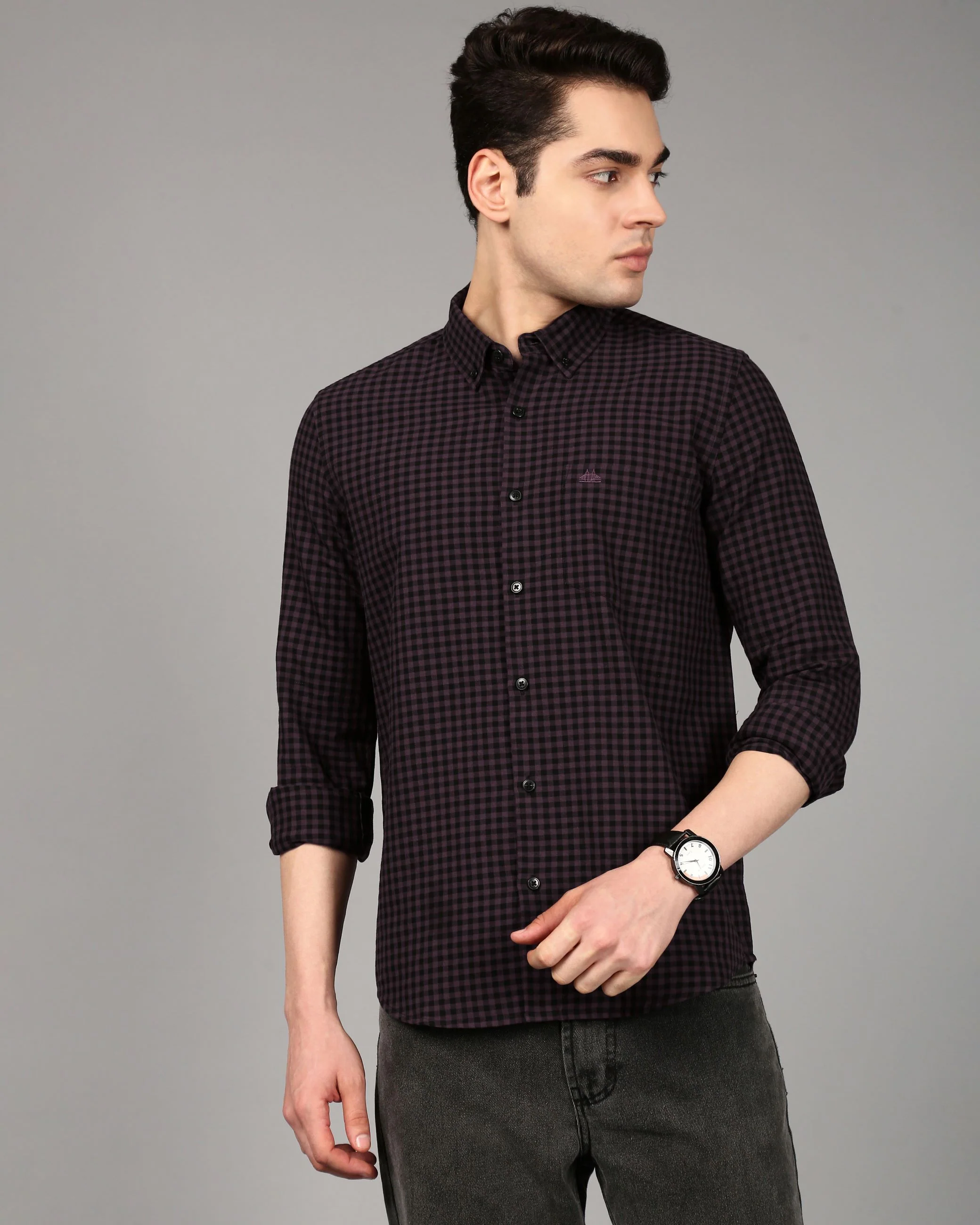Men Purple Gingham Checked Shirt - Image 4