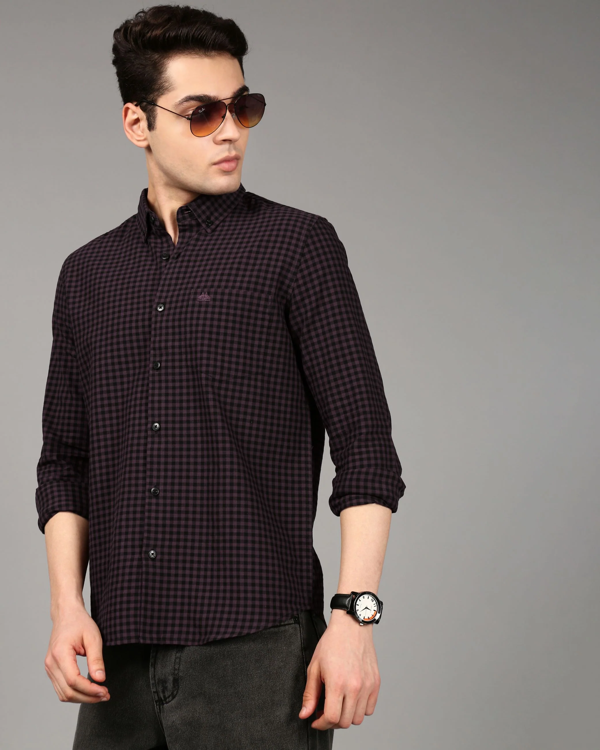 Men Purple Gingham Checked Shirt - Image 5