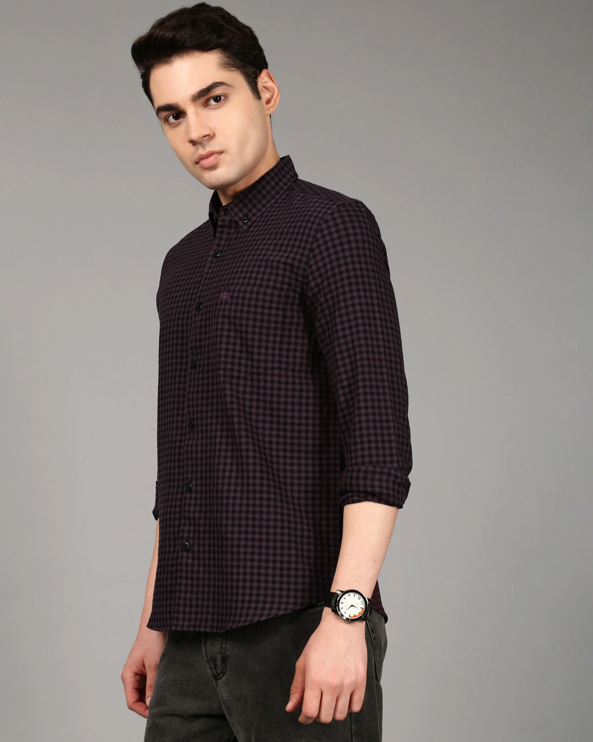 Men Purple Gingham Checked Shirt - Image 6