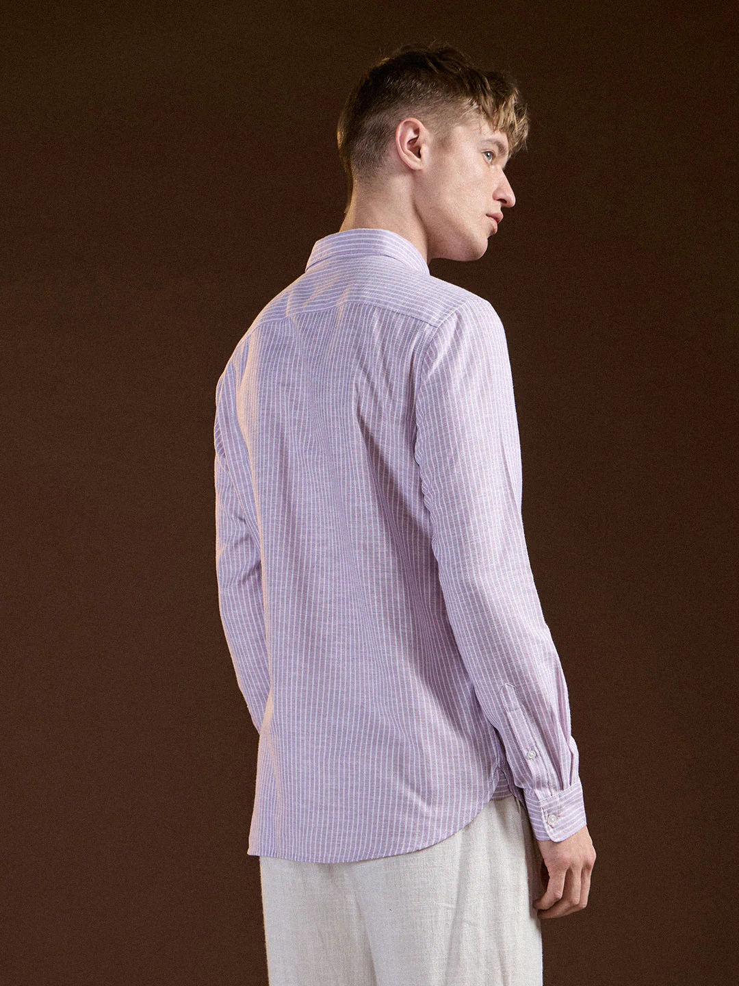 Men Purple Pin Vertical Stripes Slim Fit Casual Shirt - Image 2