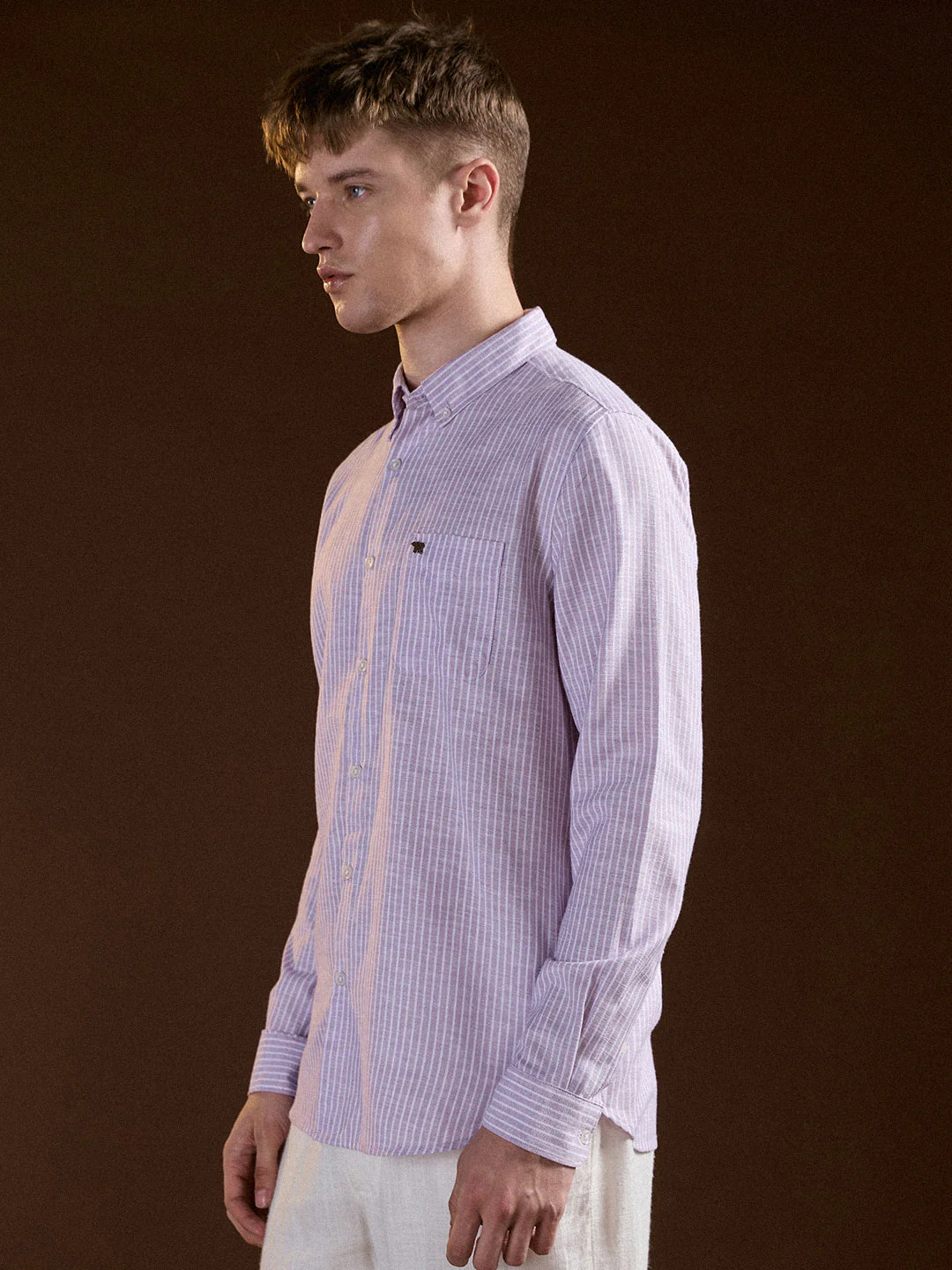 Men Purple Pin Vertical Stripes Slim Fit Casual Shirt - Image 3