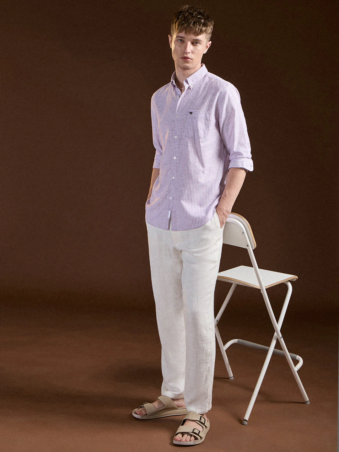 Men Purple Pin Vertical Stripes Slim Fit Casual Shirt - Image 4