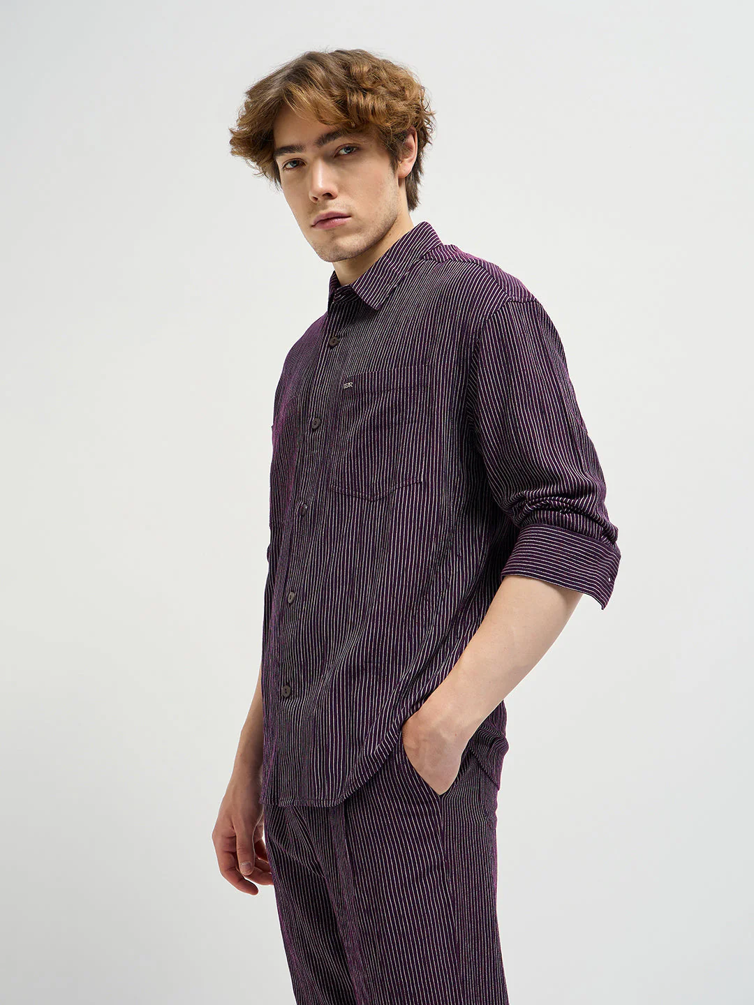 Men Purple Pinstripes Regular Fit Casual Shirt - Image 3