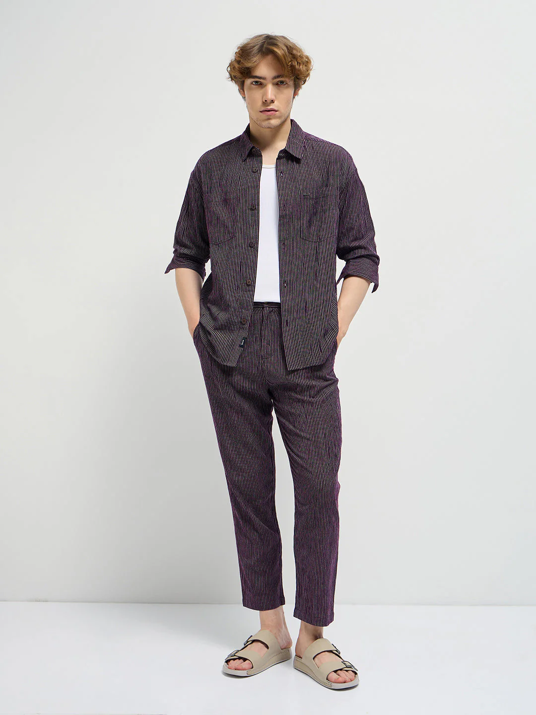 Men Purple Pinstripes Regular Fit Casual Shirt - Image 4