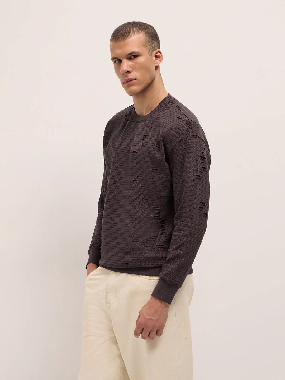 Men Purple Regular Fit Crew Neck T-Shirt - Image 3